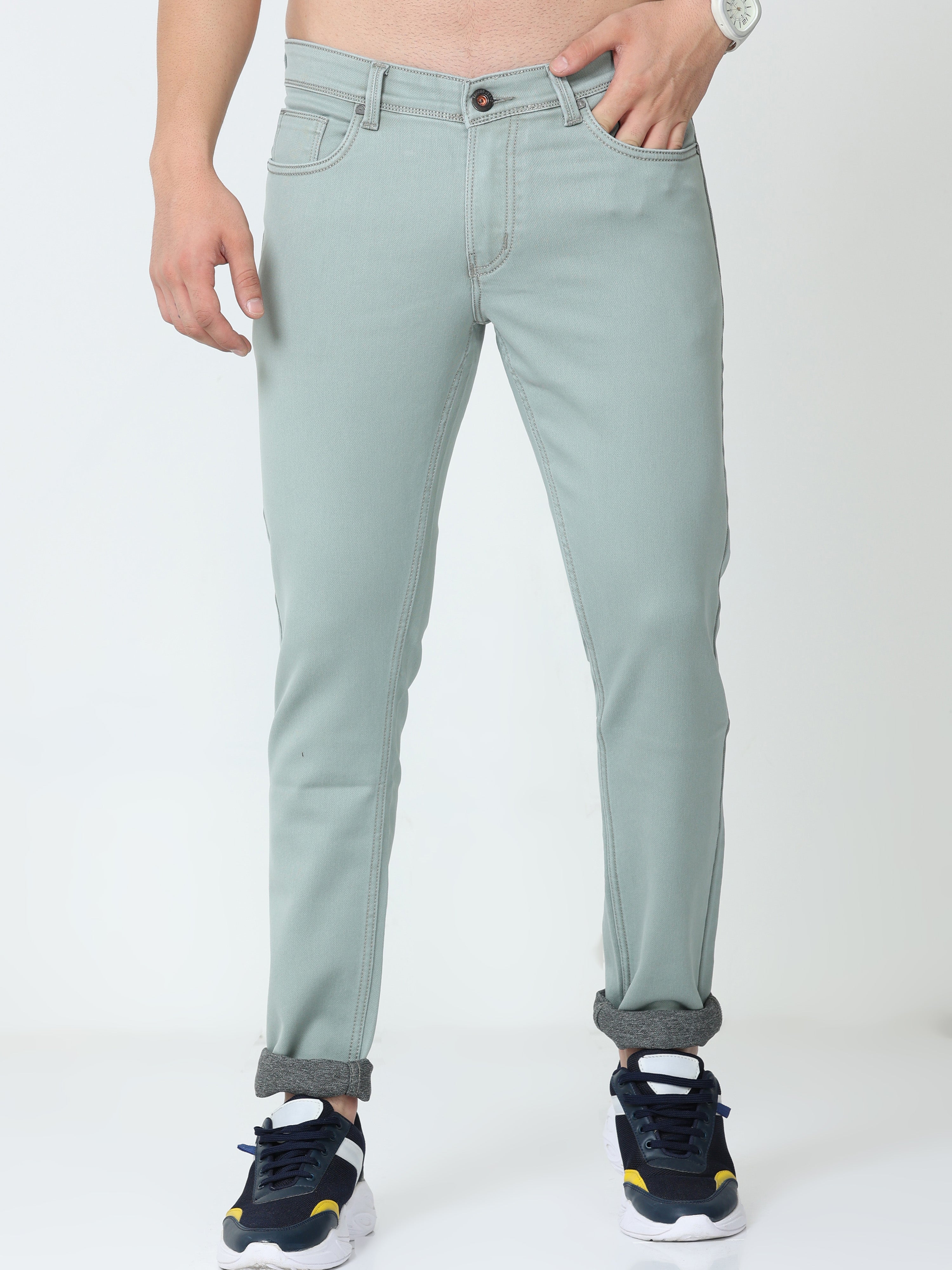 Men Slim Fit Enzyme Light Olive Jeans