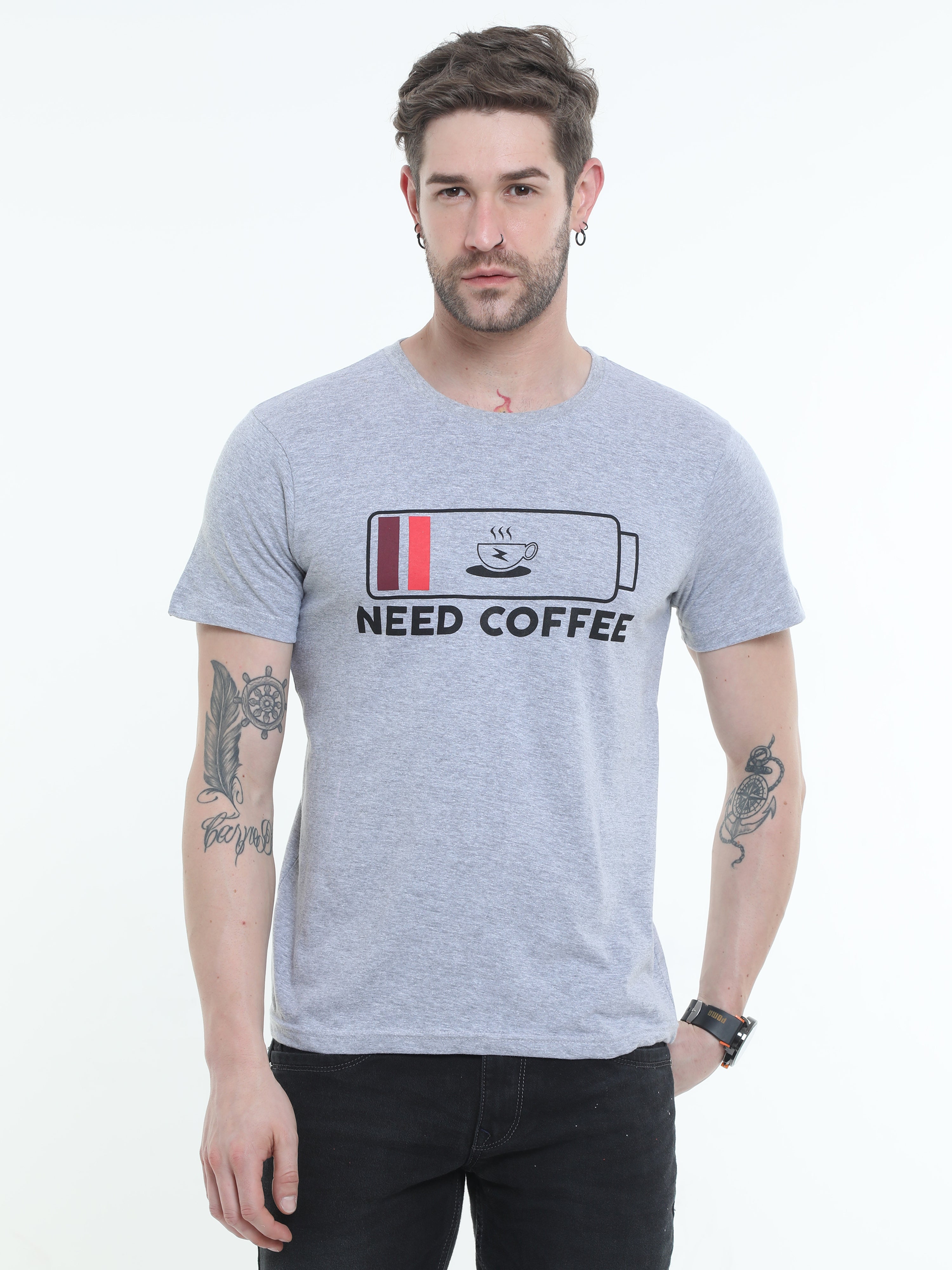 Fossil Grey Melange Cotton Blend  Graphic Round neck Printed T-shirt