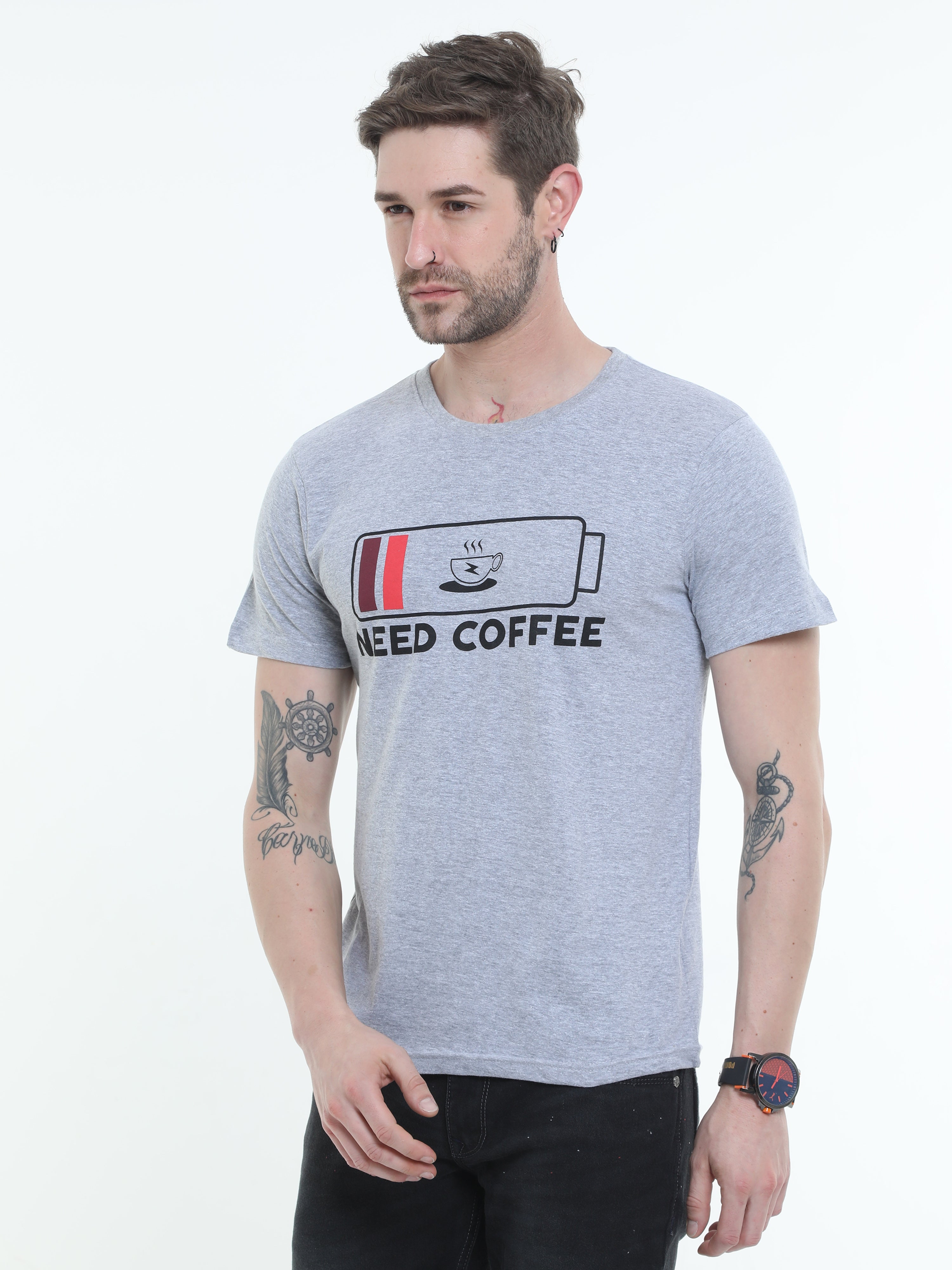 Fossil Grey Melange Cotton Blend  Graphic Round neck Printed T-shirt