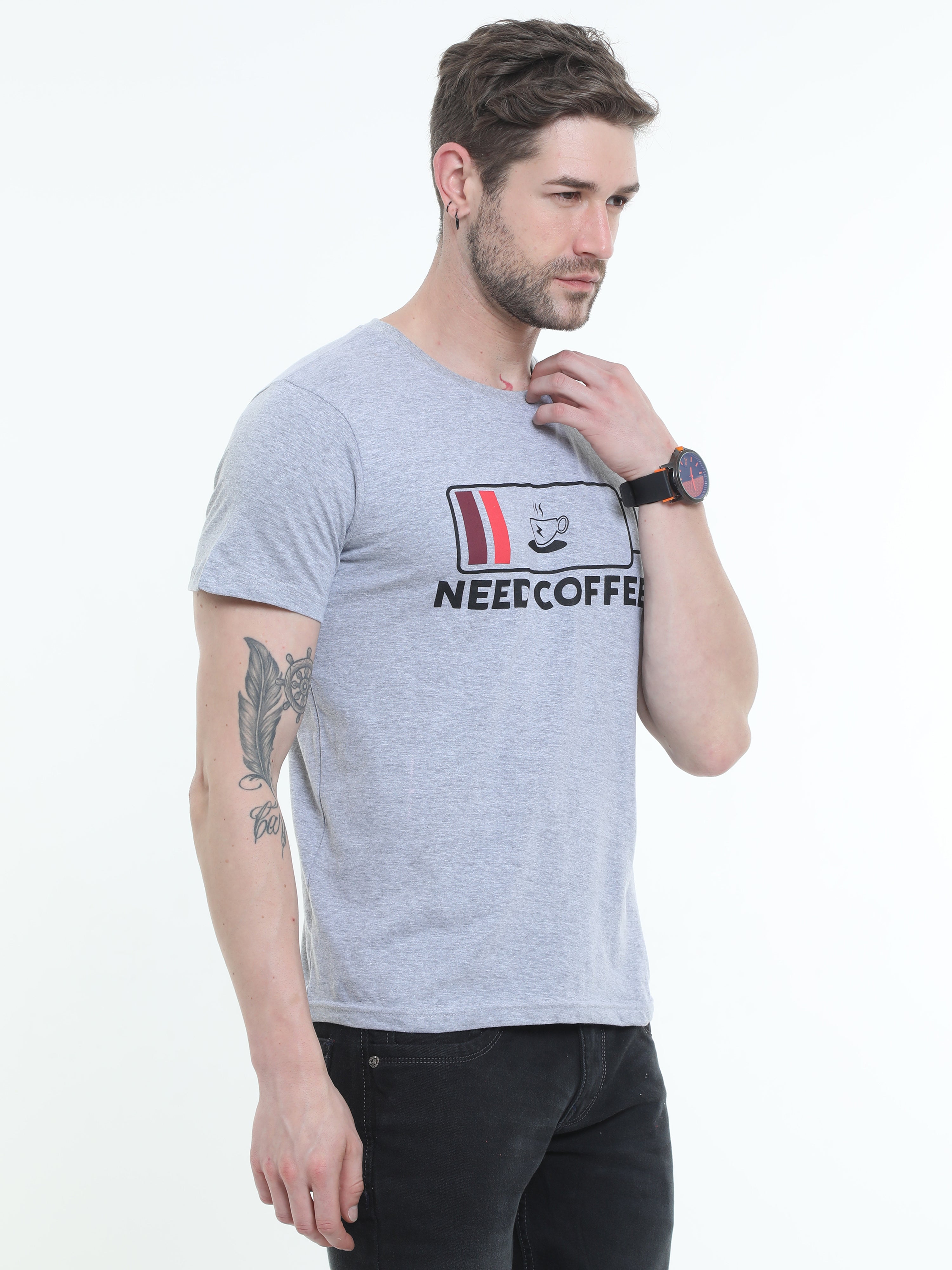 Fossil Grey Melange Cotton Blend  Graphic Round neck Printed T-shirt