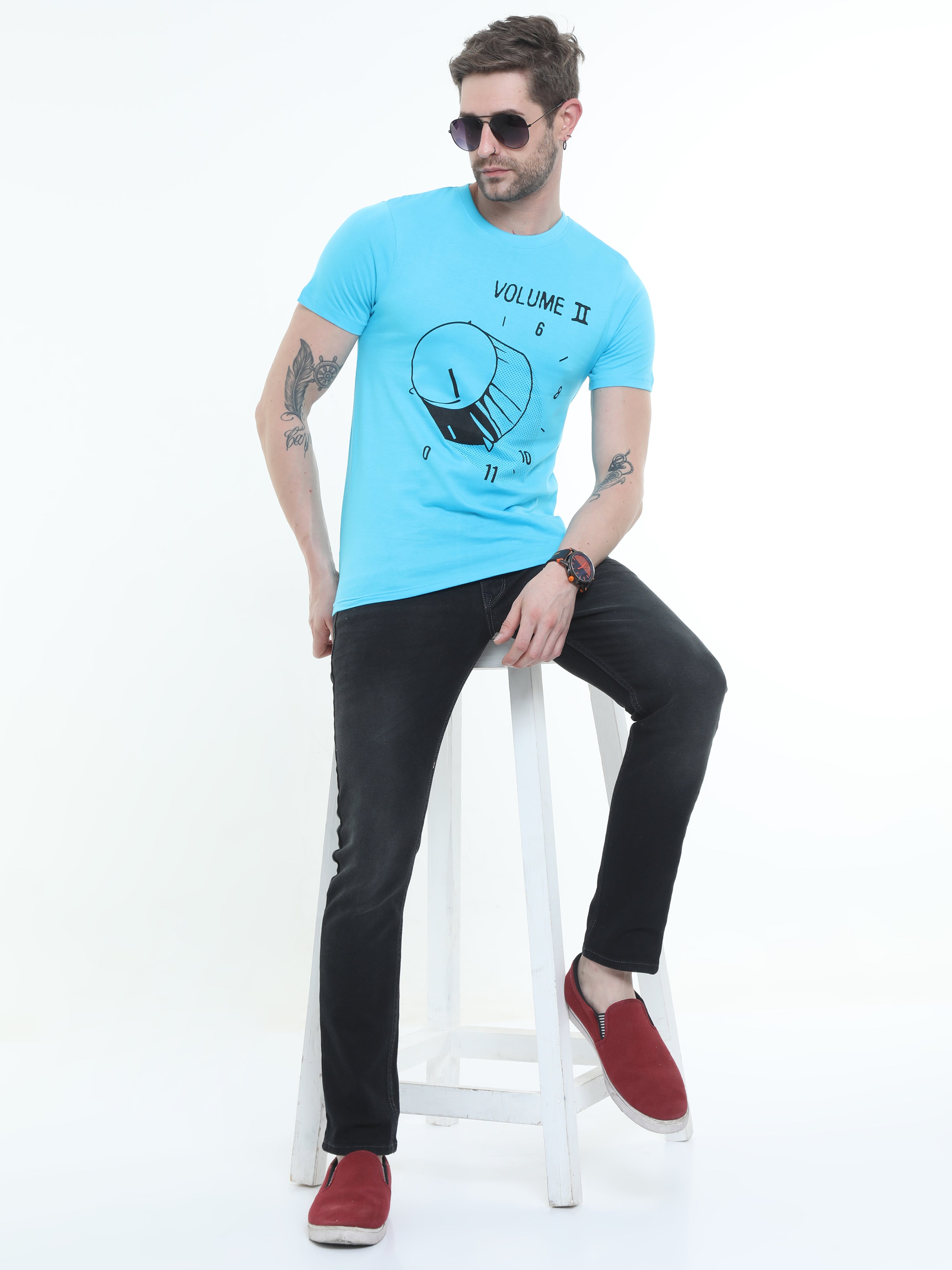 Torquise Blue Graphic Round neck Printed T-shirt