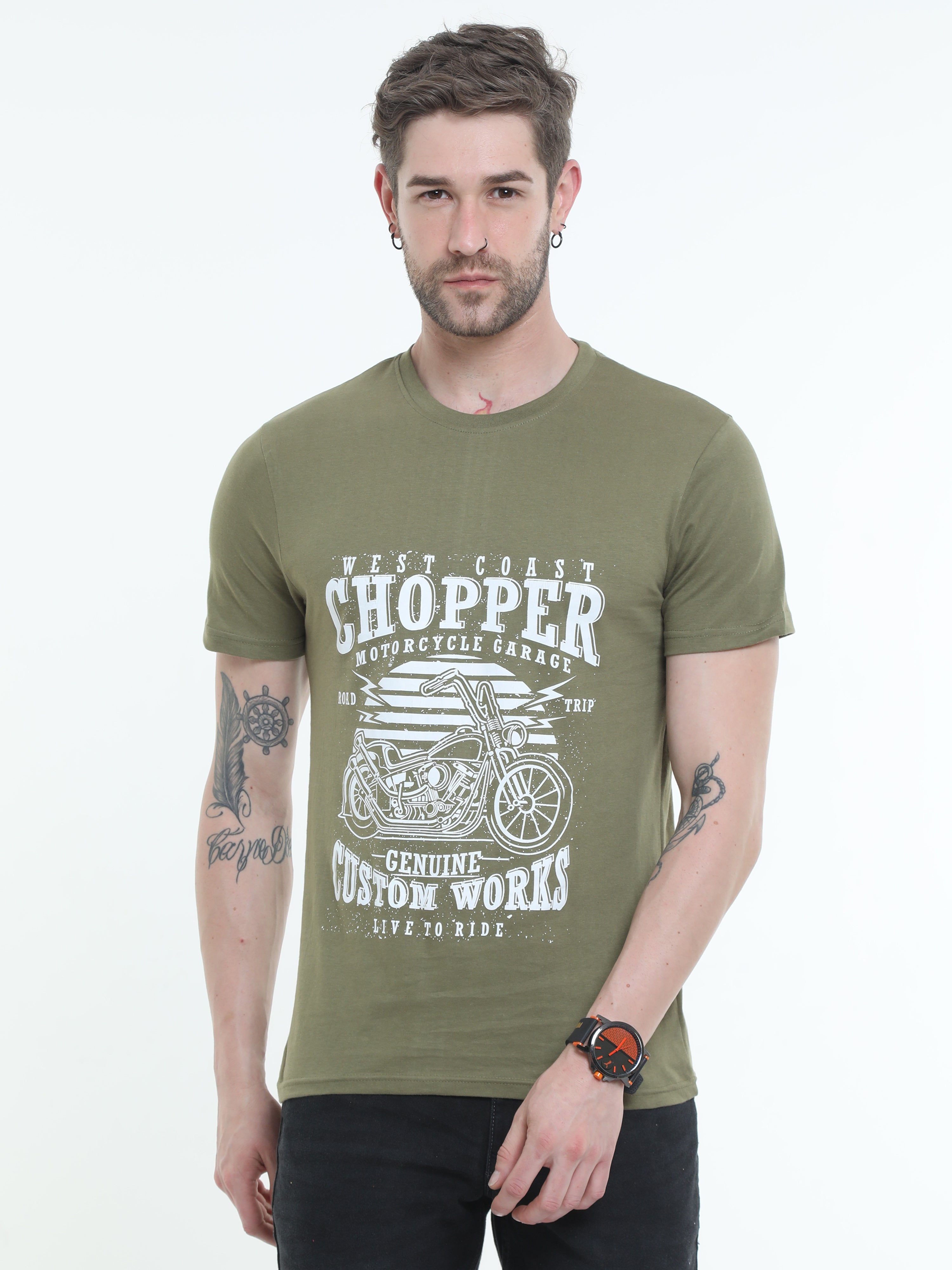 Olive Green Moto Racing Cotton Blend  Graphic Round neck Printed T-shirt