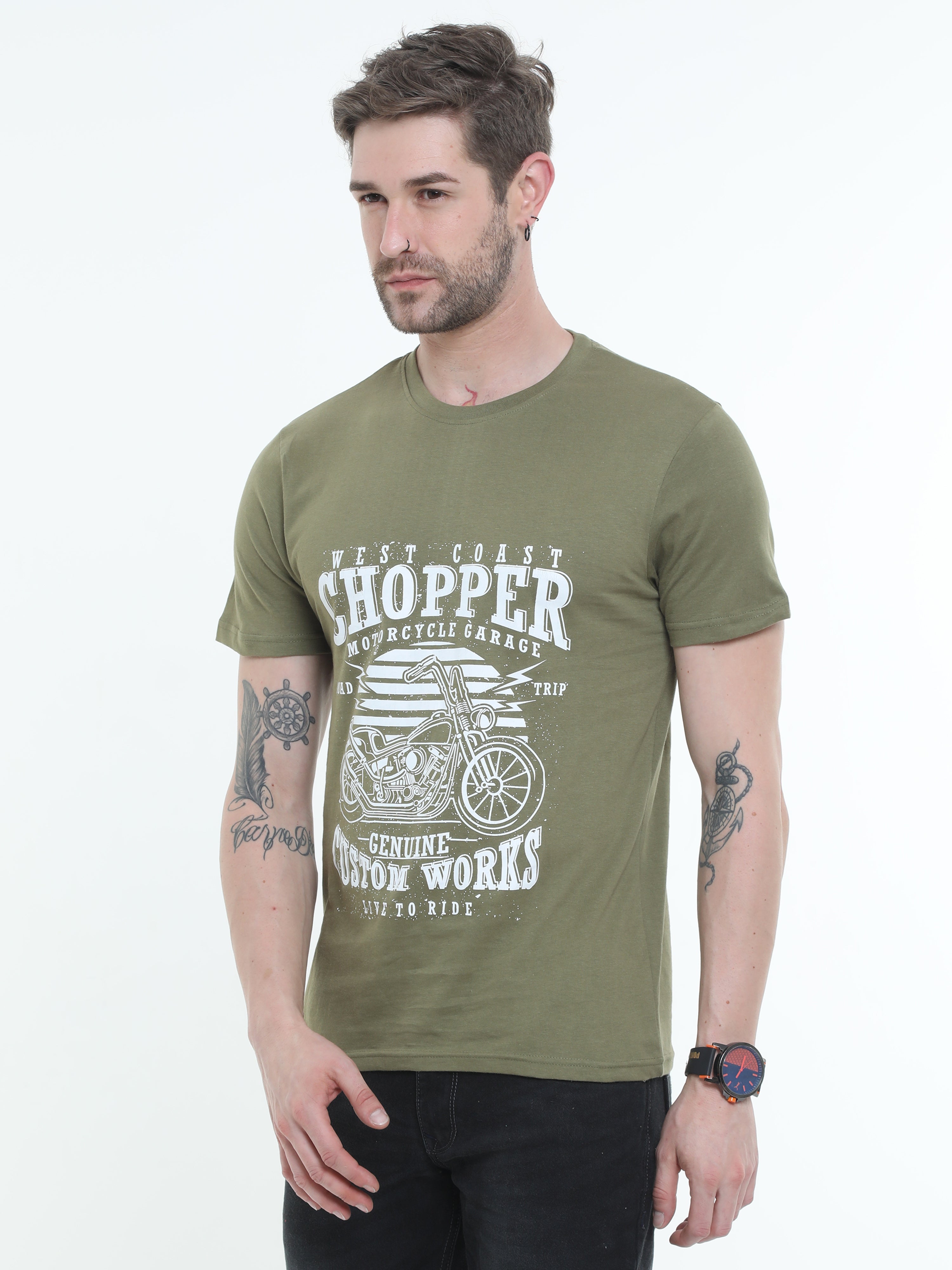 Olive Green Moto Racing Cotton Blend  Graphic Round neck Printed T-shirt