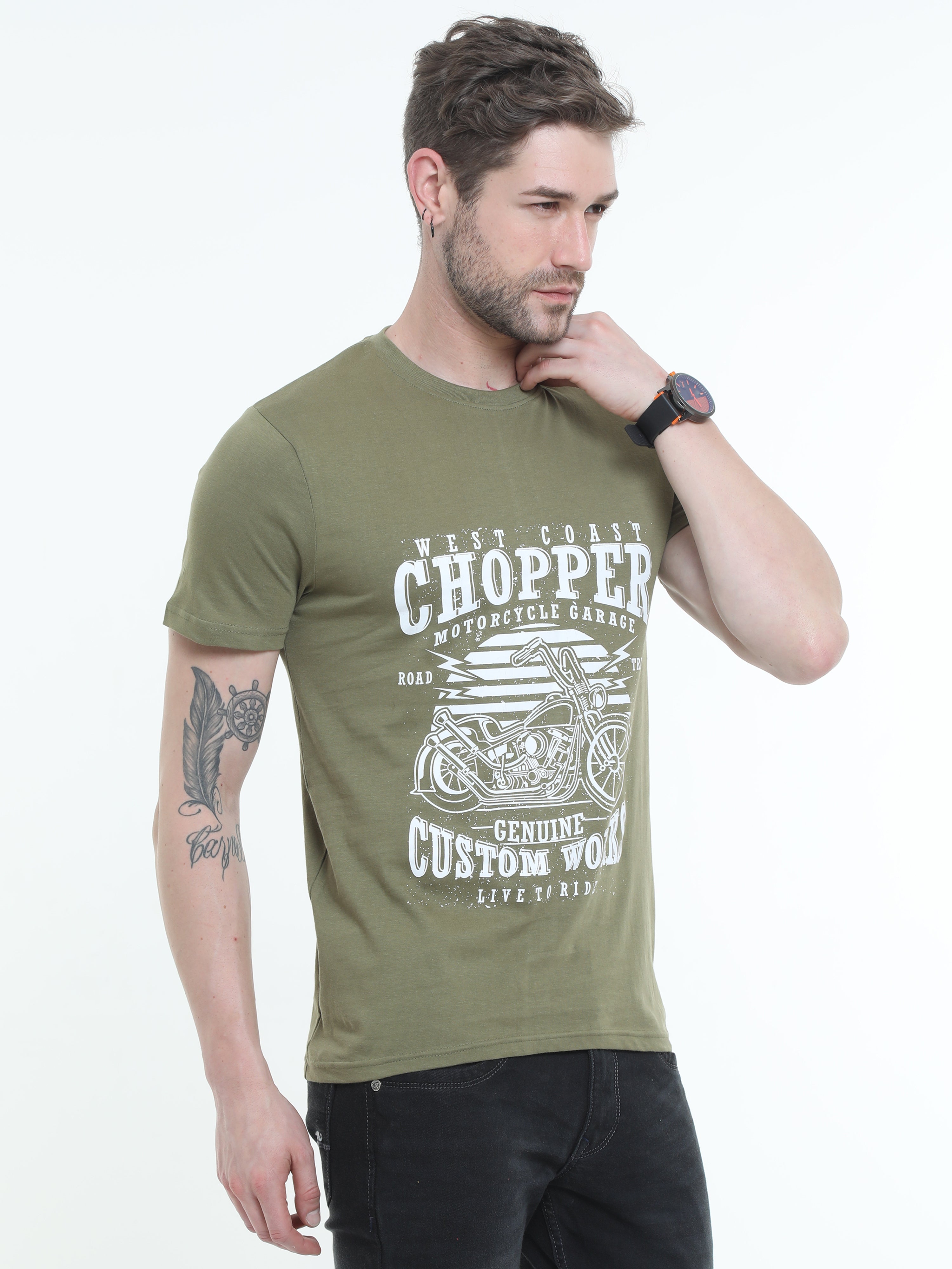Olive Green Moto Racing Cotton Blend  Graphic Round neck Printed T-shirt