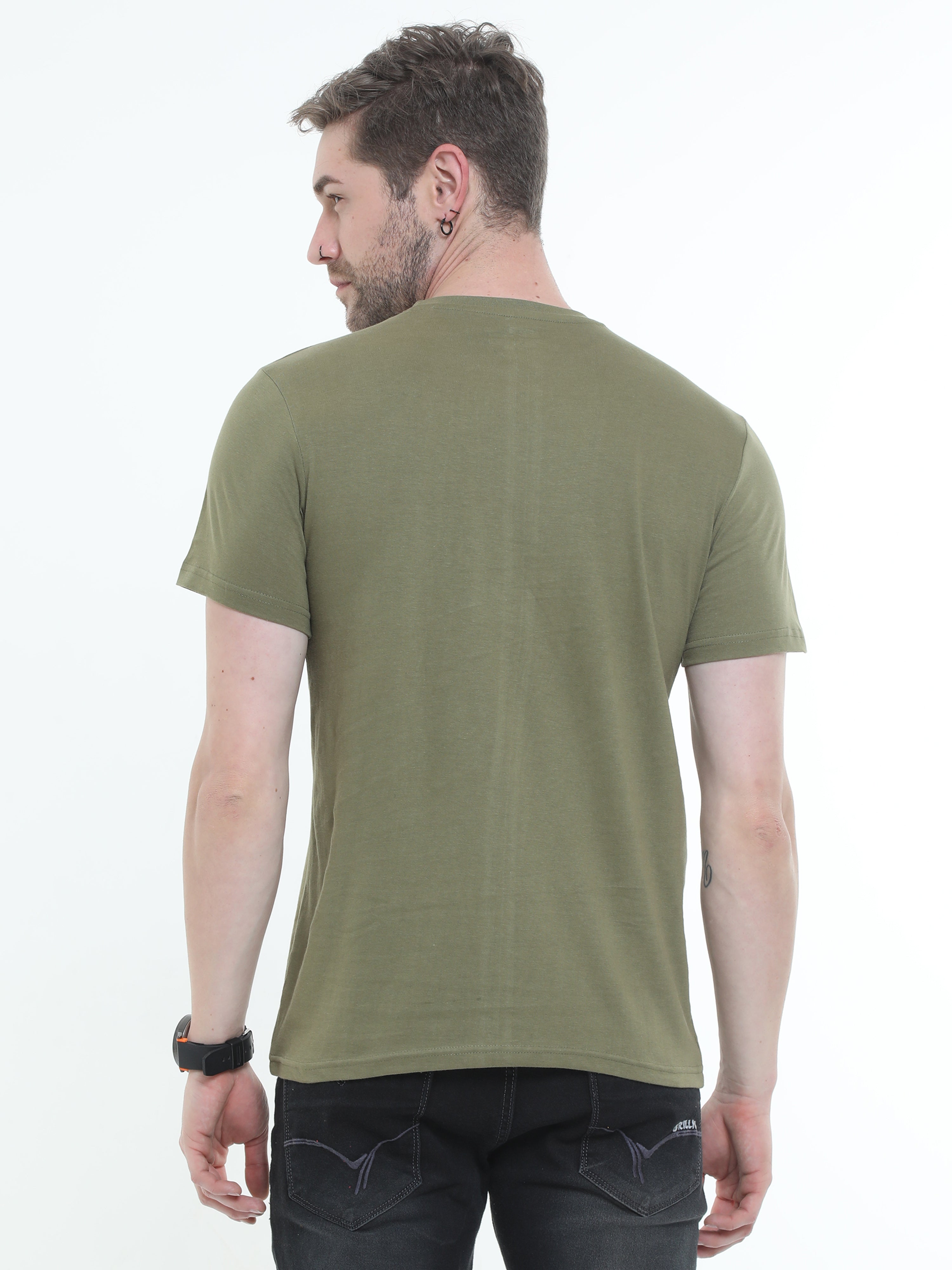 Olive Green Moto Racing Cotton Blend  Graphic Round neck Printed T-shirt