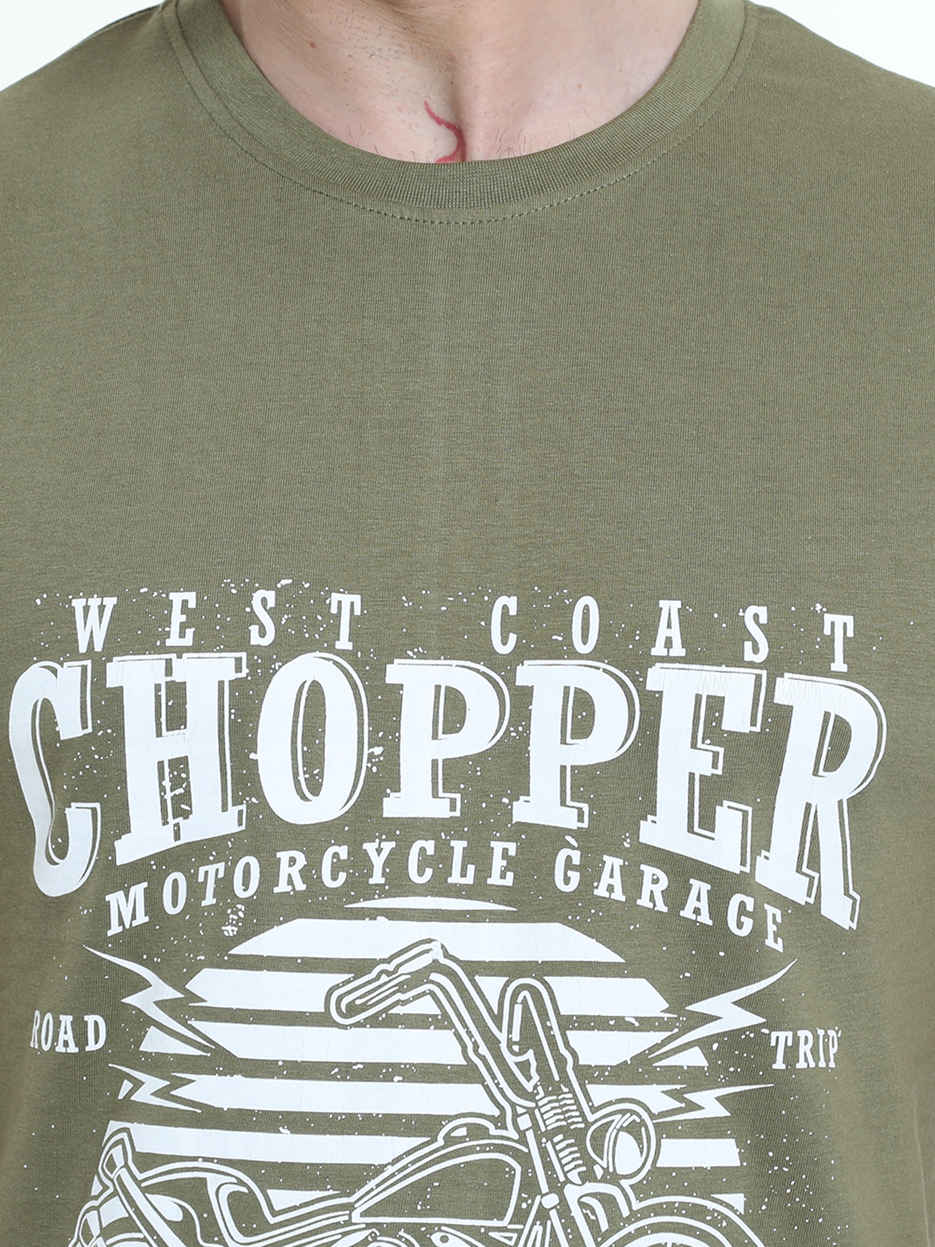 Olive Green Moto Racing Cotton Blend  Graphic Round neck Printed T-shirt