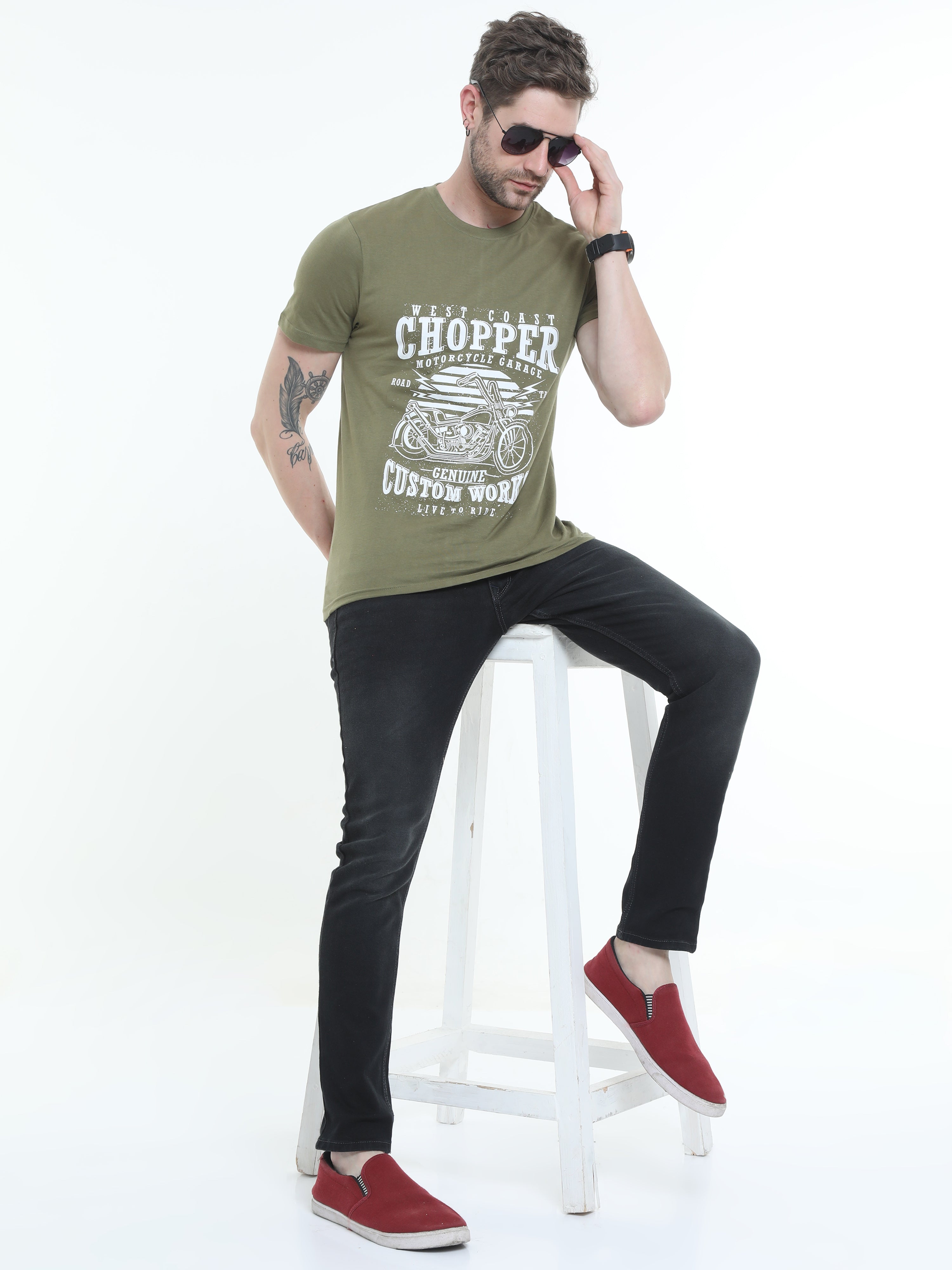 Olive Green Moto Racing Cotton Blend  Graphic Round neck Printed T-shirt