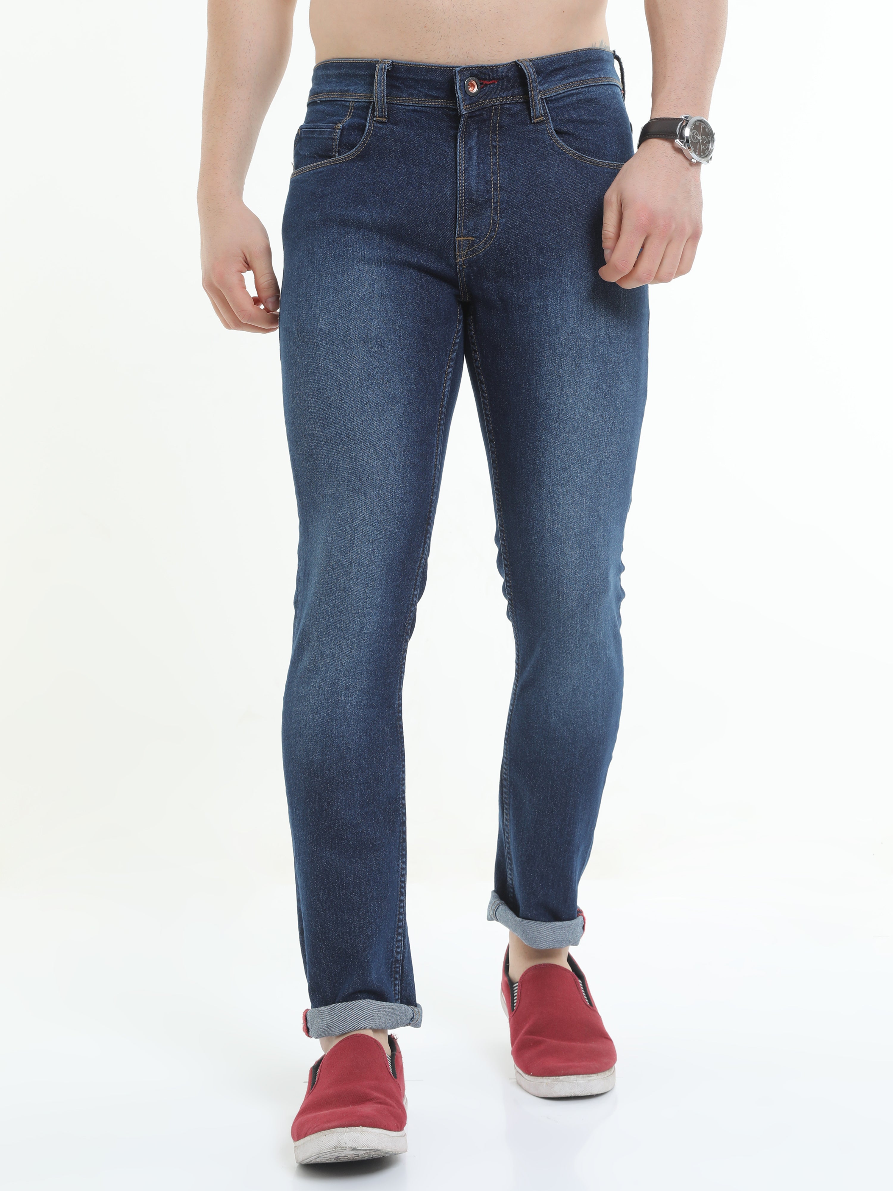 Men Trim Fit Indigo Stone Washed Jeans