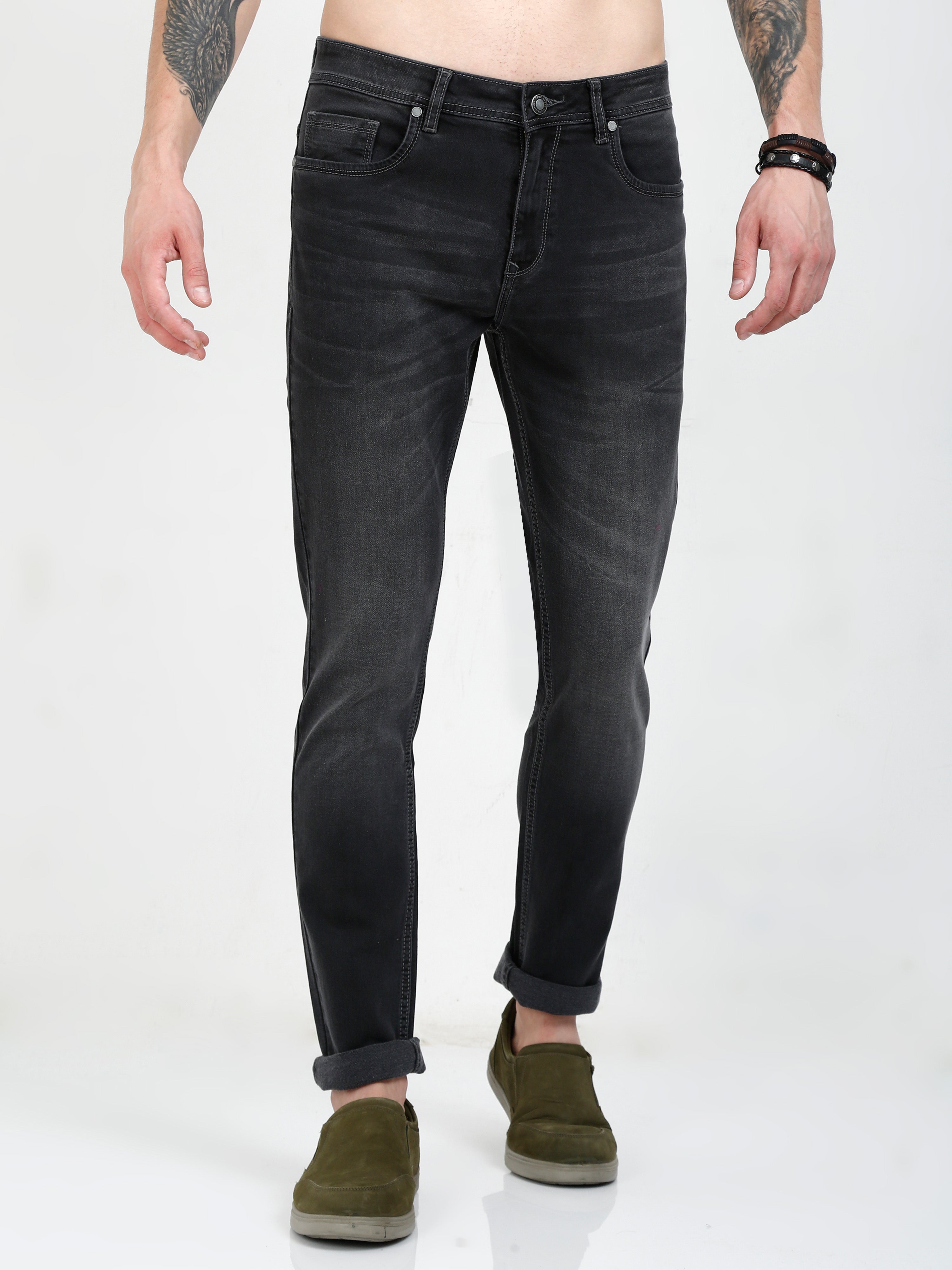 Men Slim Fit Enzyme Black Grey Jeans