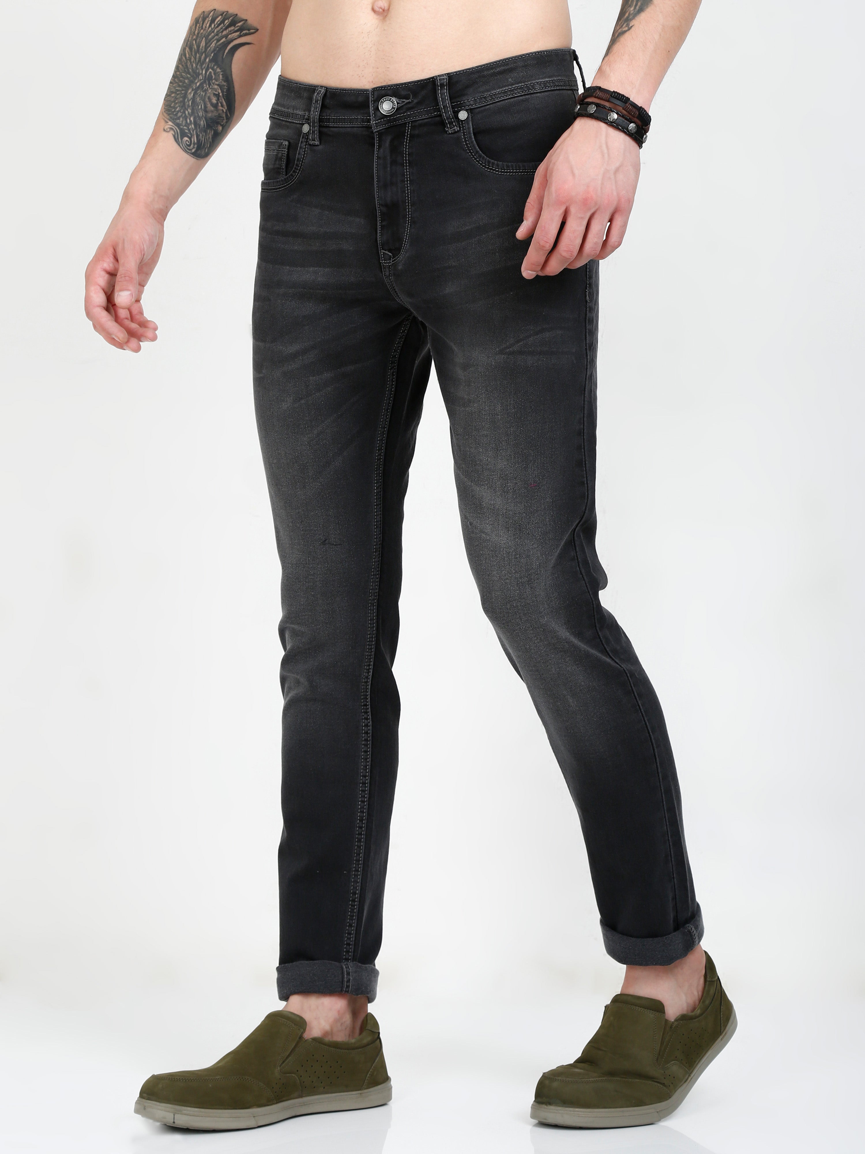 Men Slim Fit Enzyme Black Grey Jeans