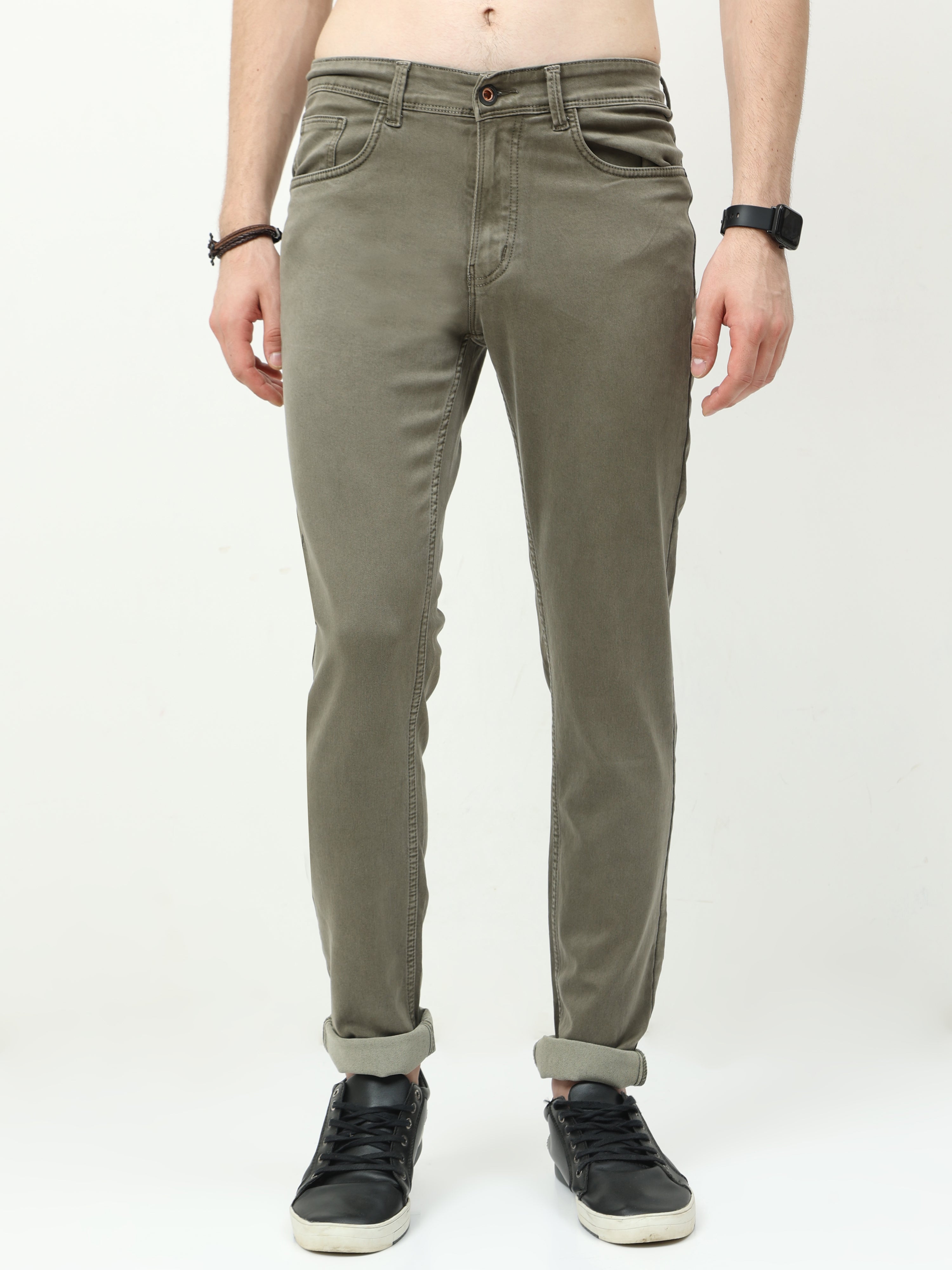 Men Slim Regular Fit Jeans Olive