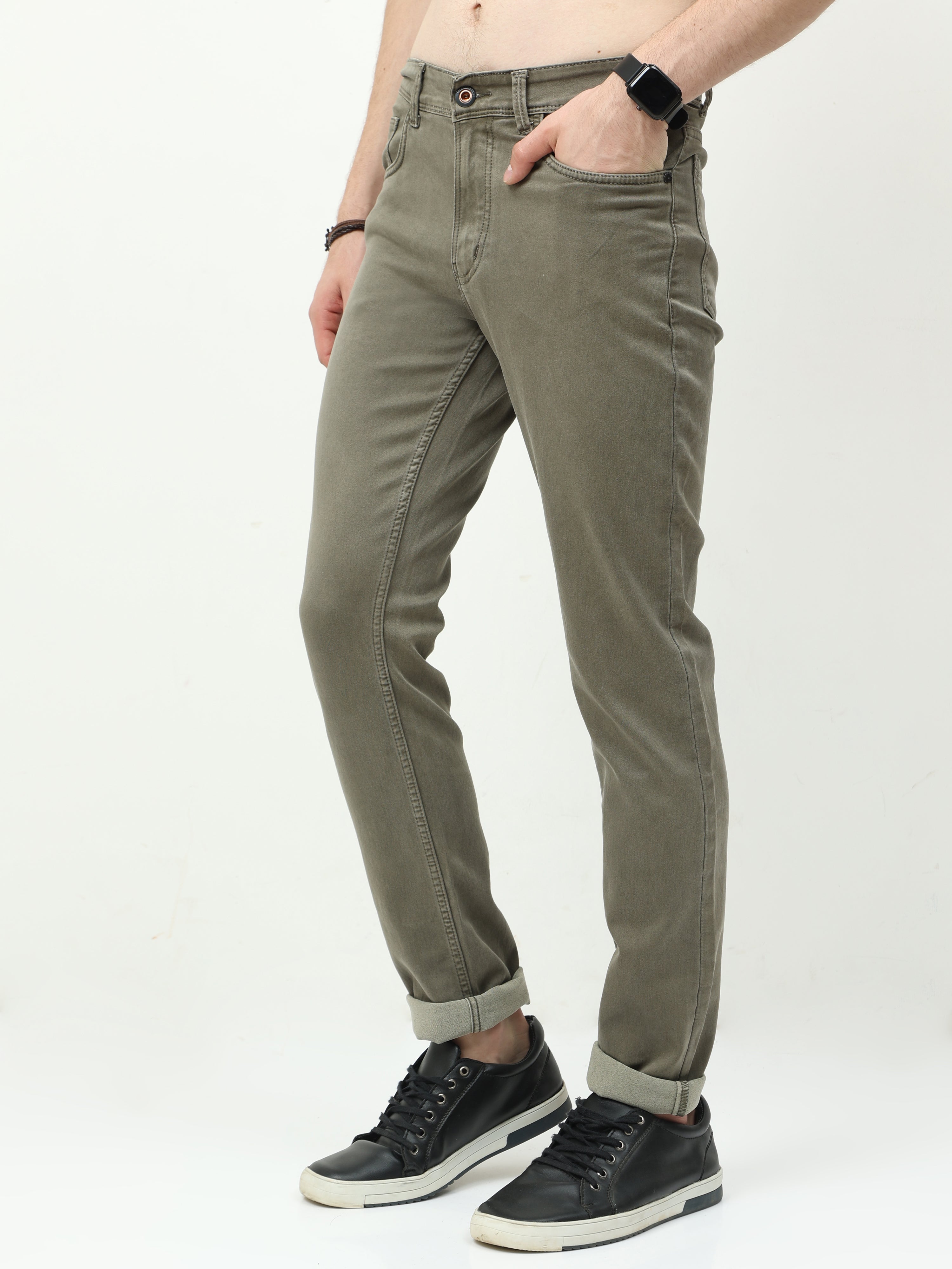 Men Slim Regular Fit Jeans Olive