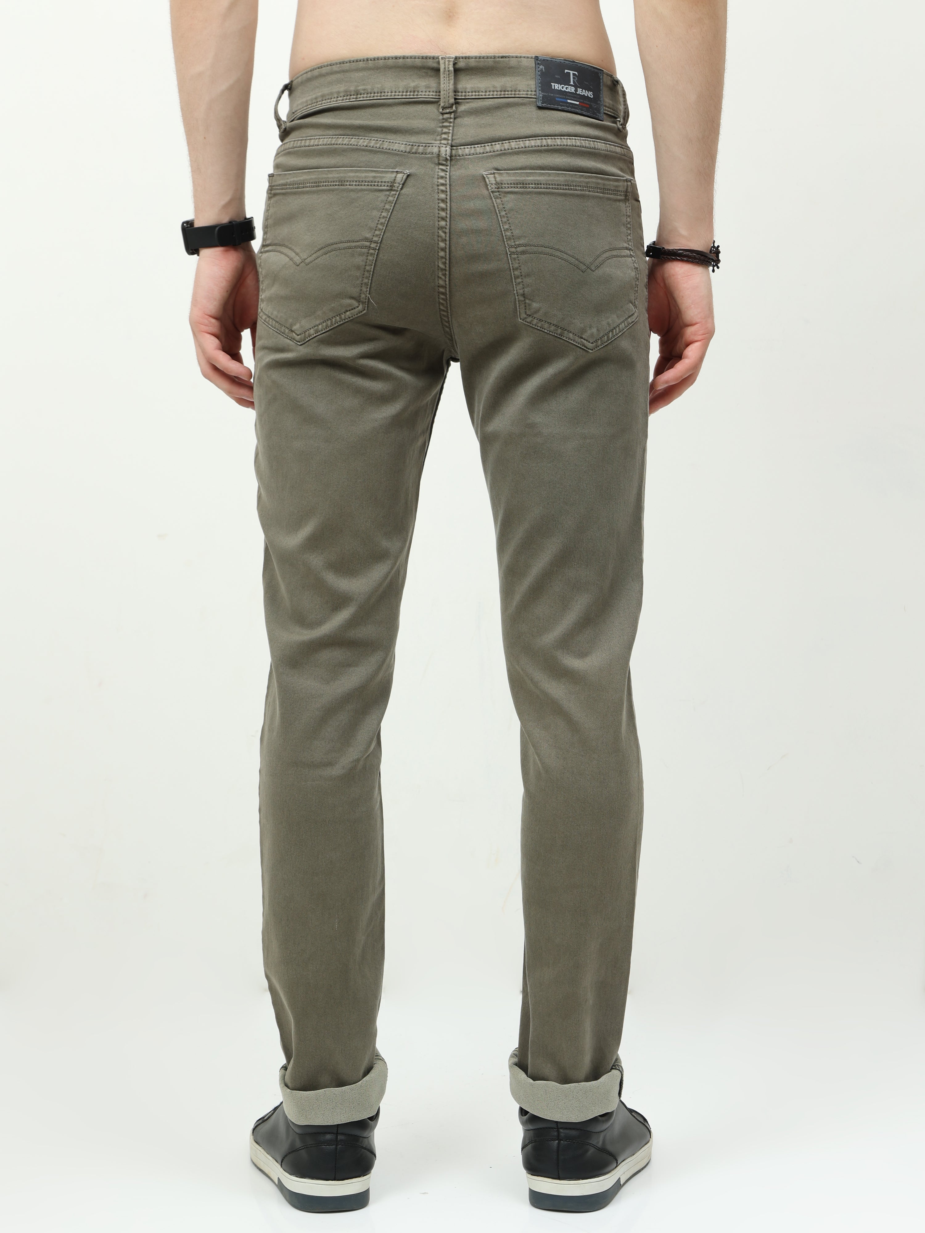 Men Slim Regular Fit Jeans Olive