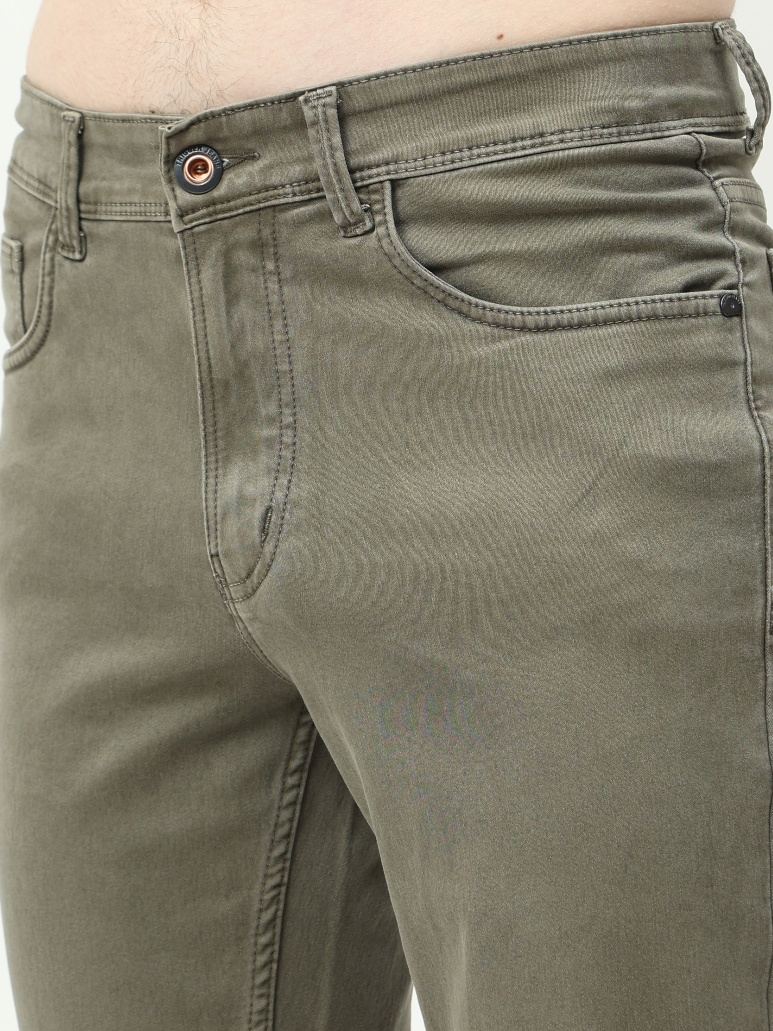 Men Slim Regular Fit Jeans Olive