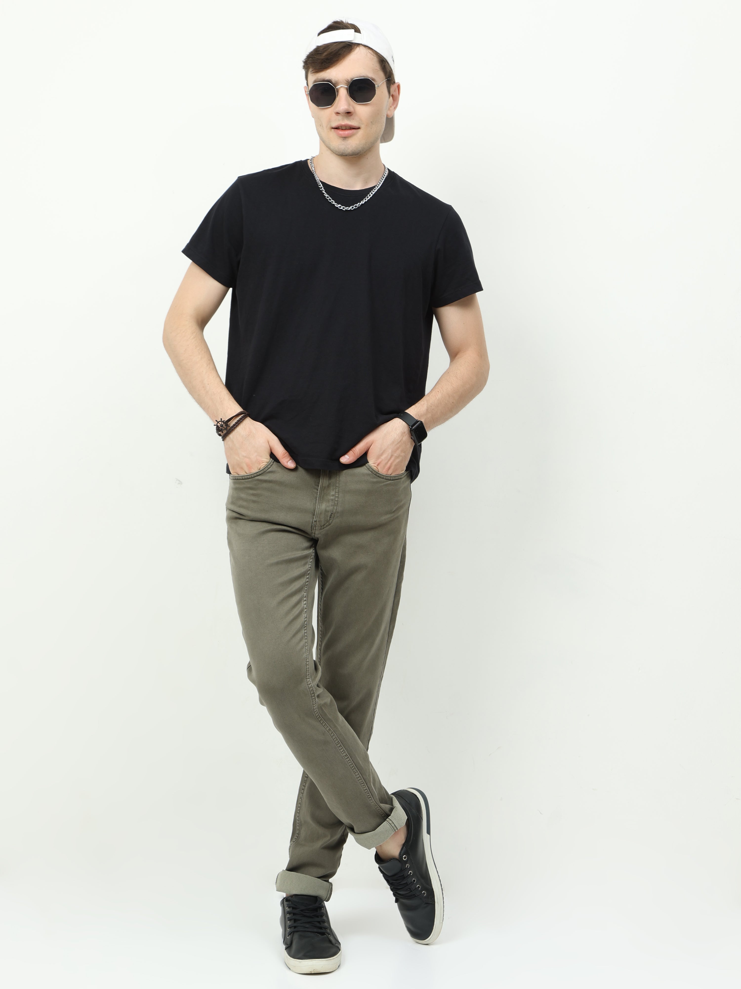 Men Slim Regular Fit Jeans Olive
