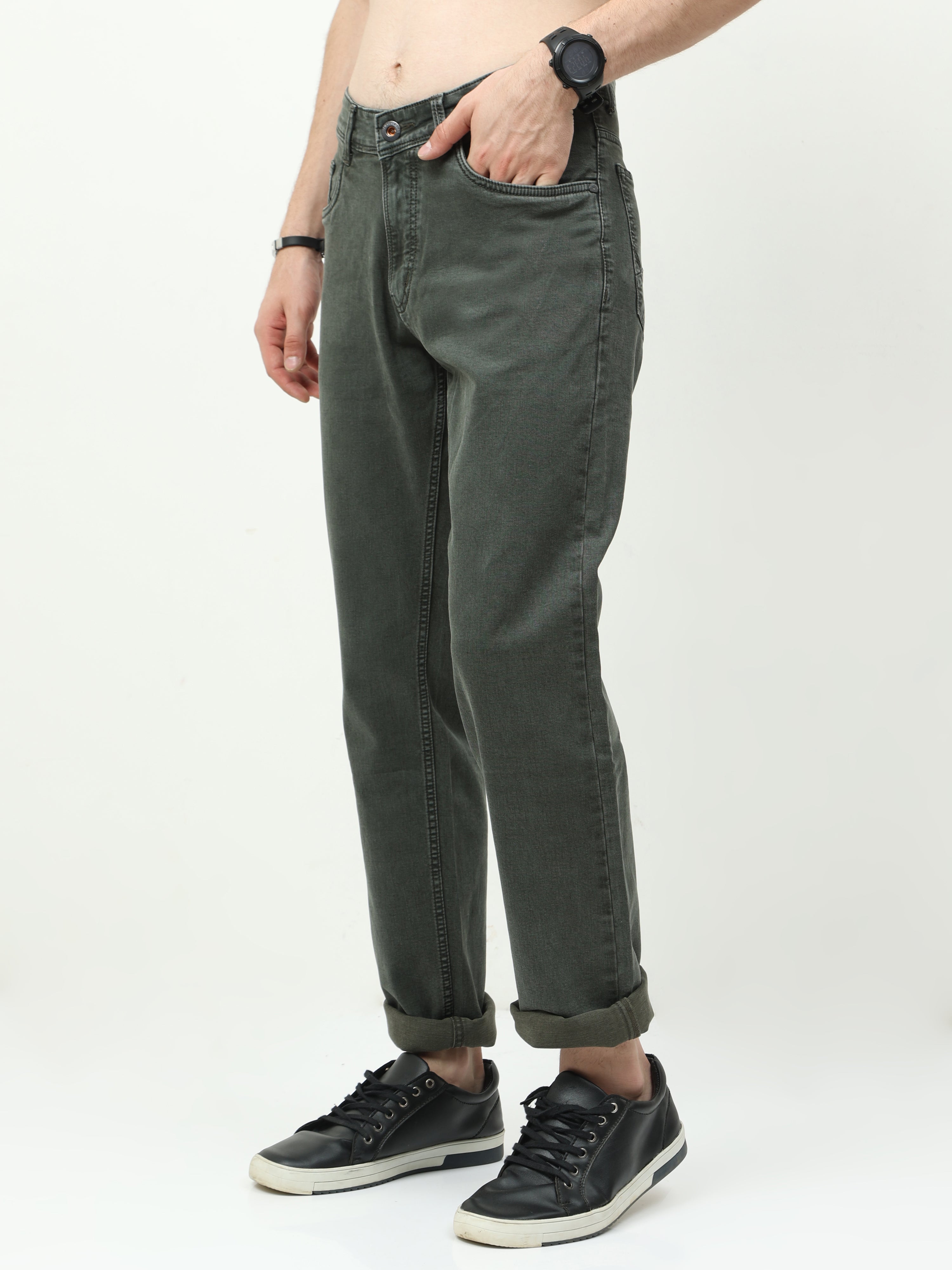 UrbanFlex Men's Slim Fit Oilve Jeans