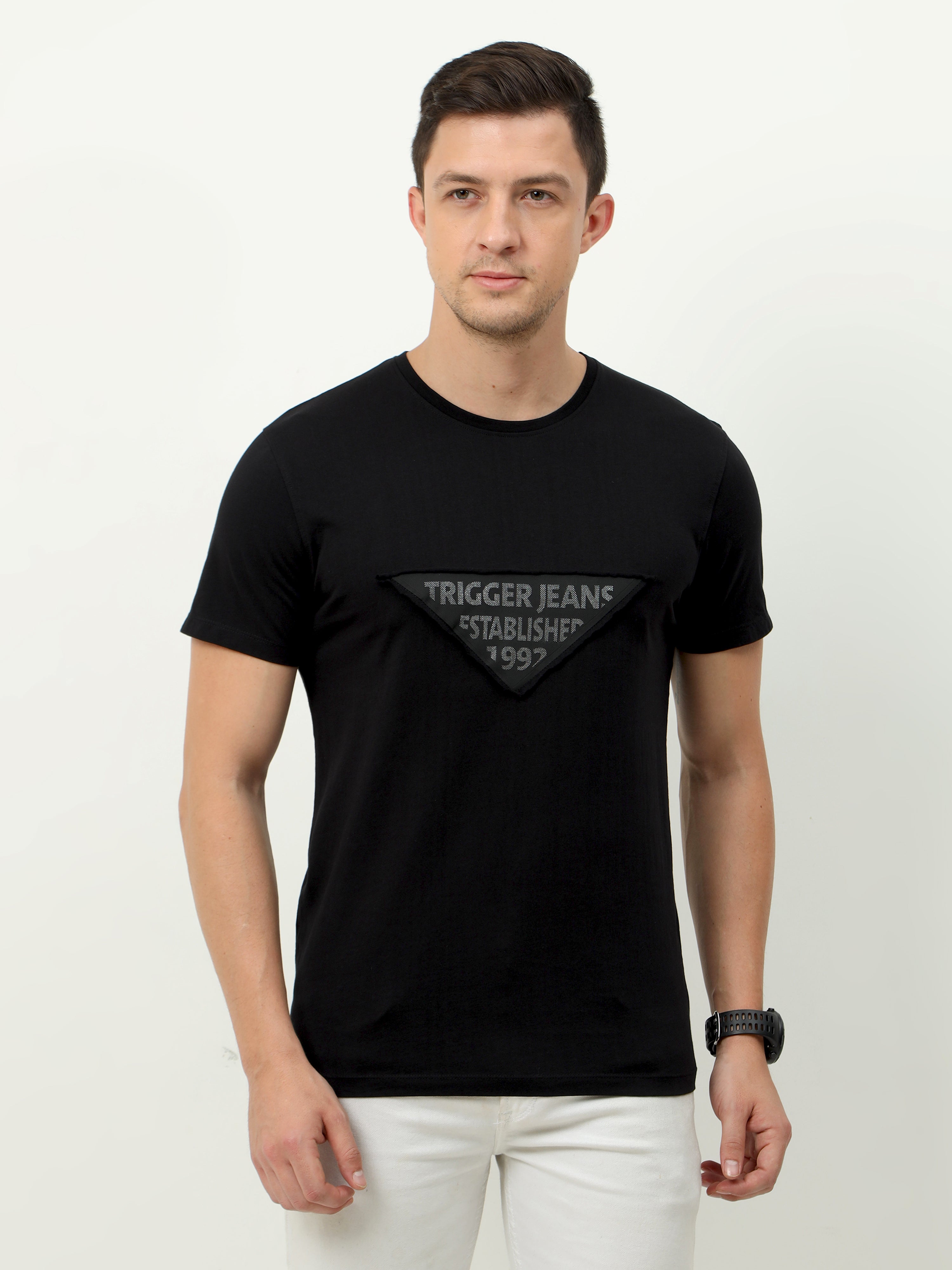 Men Jet Black Round-neck T-shirt