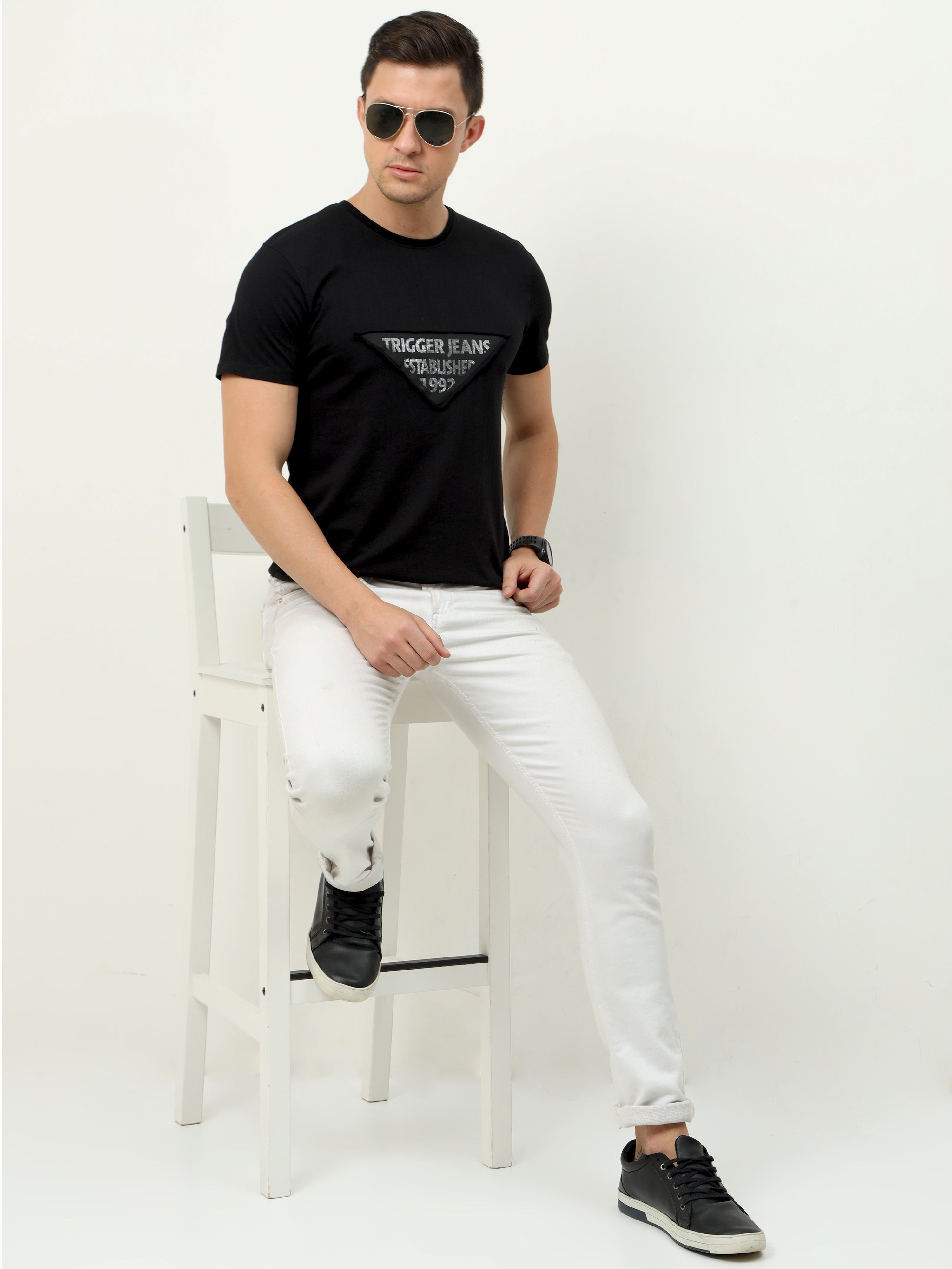 Men Jet Black Round-neck T-shirt