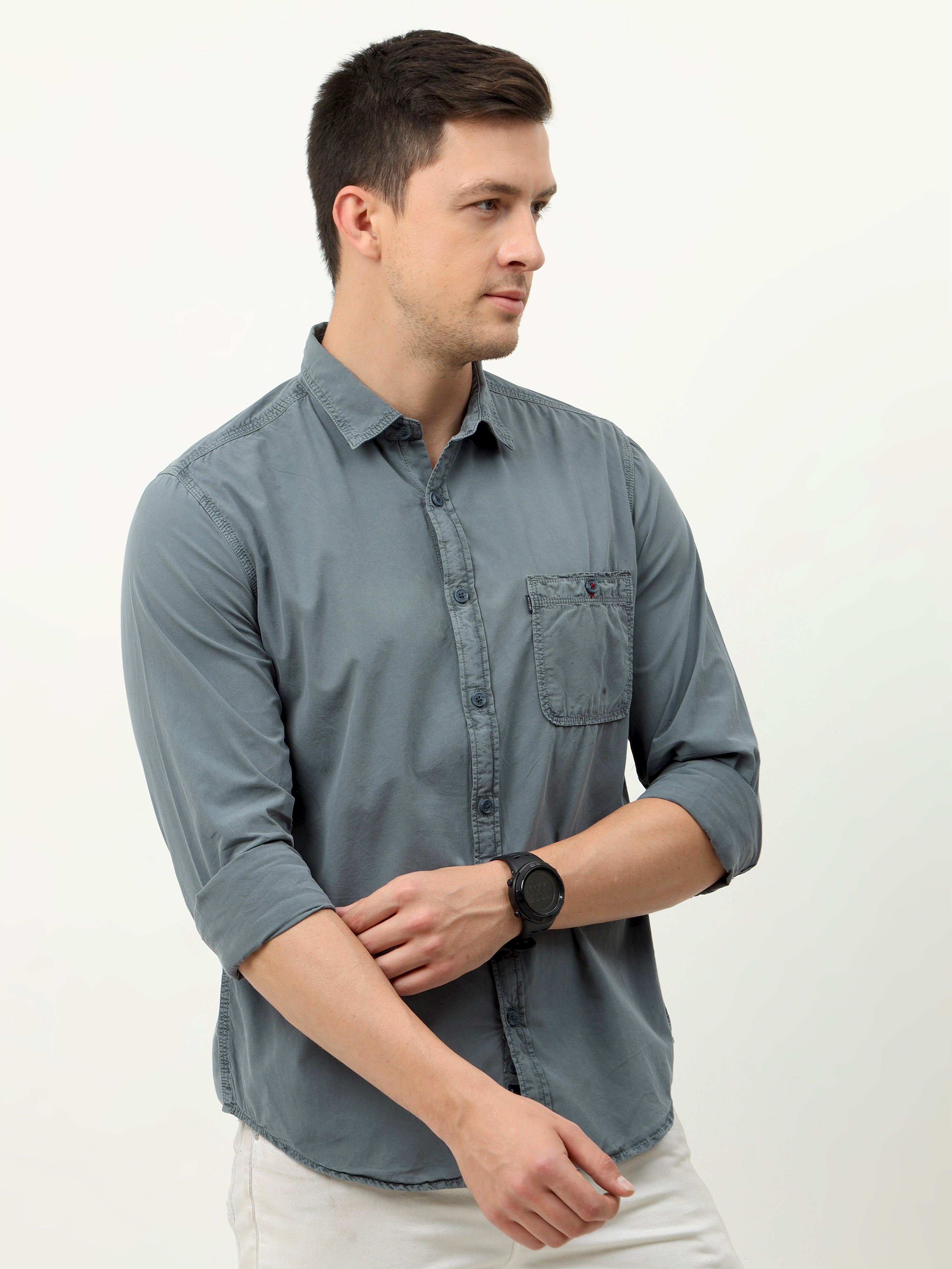 Men Slim Fit Semi Casual Grey Full Sleeves Shirt