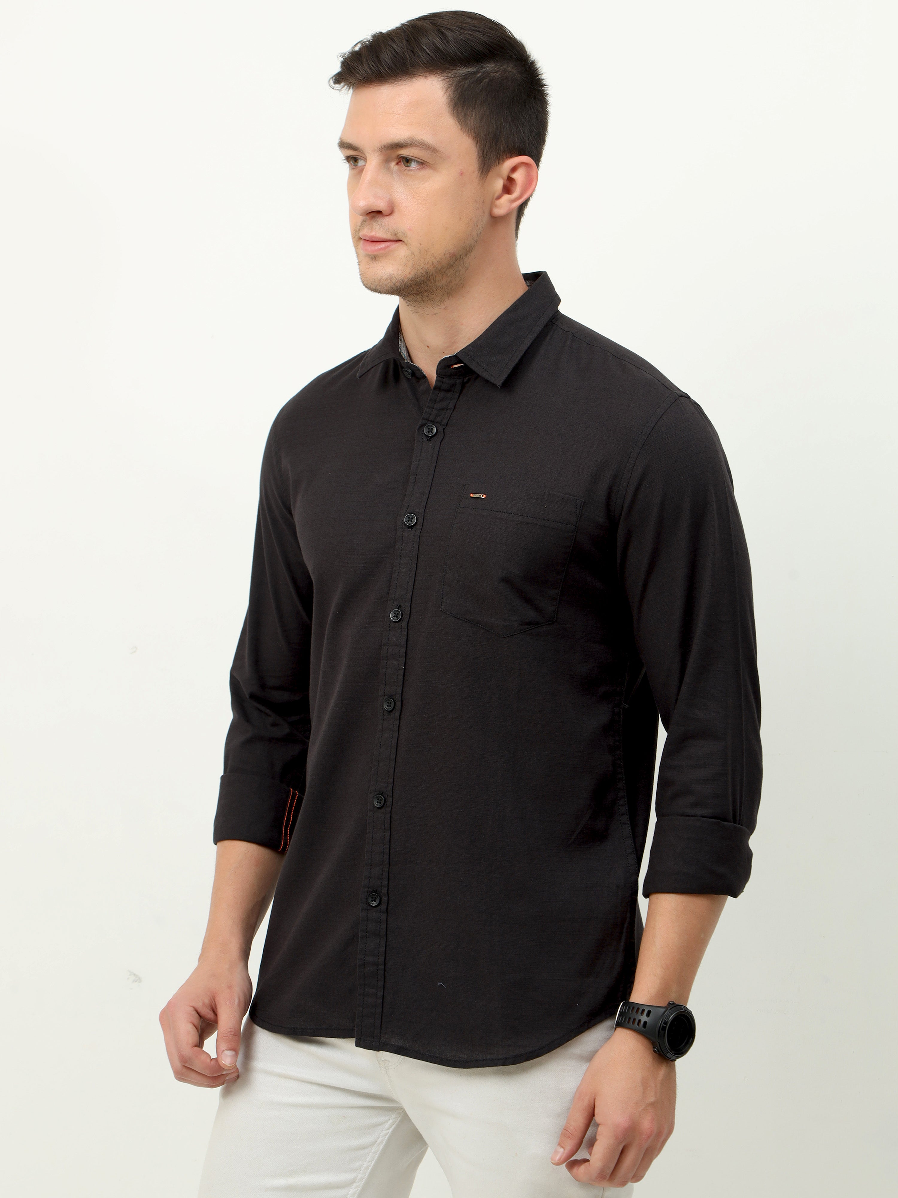 Men Slim Fit Semi Casual Black Full Sleeves Shirt