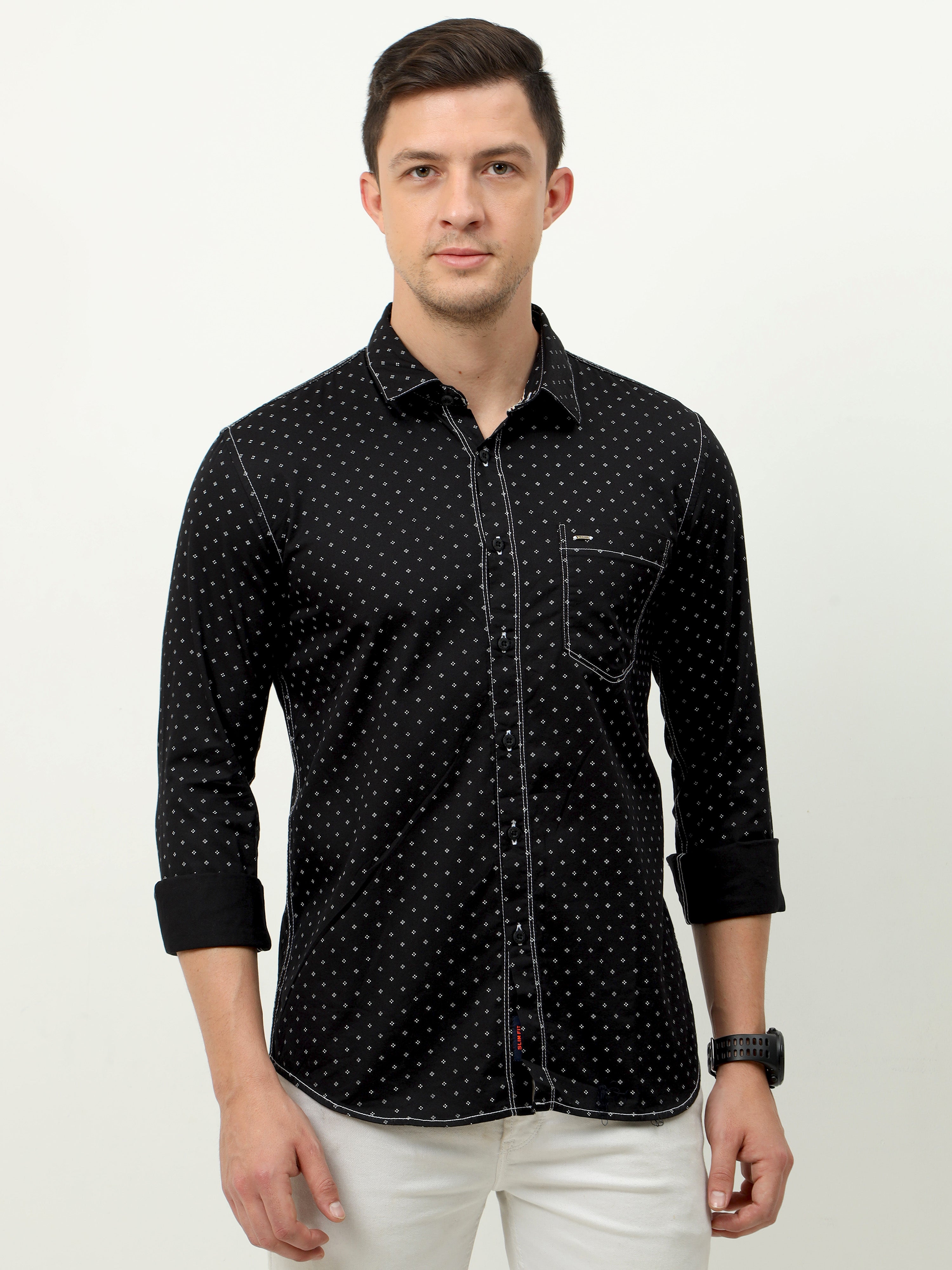 Men Slim Fit Semi Casual Shirt - Black Full Sleeves