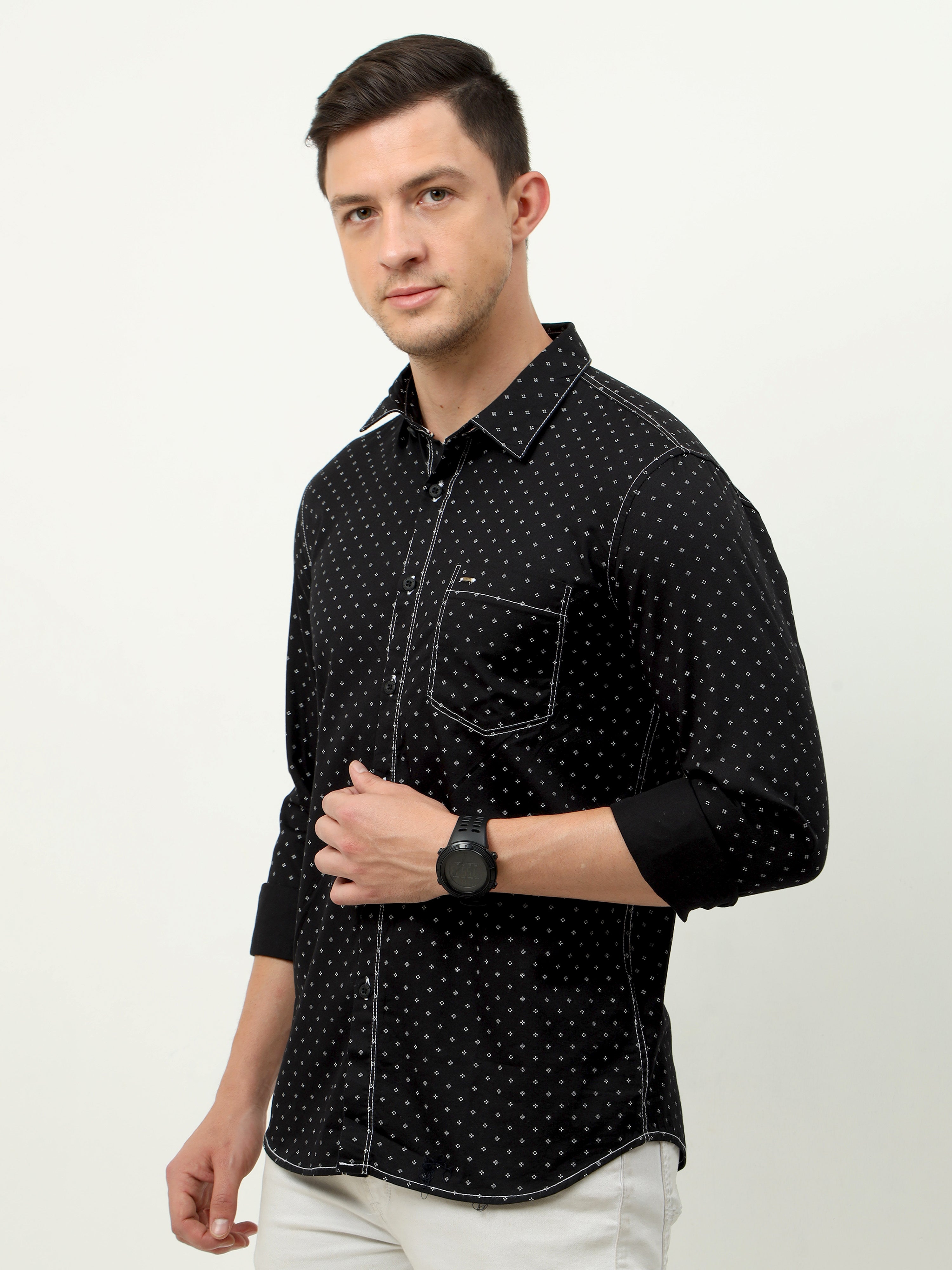 Men Slim Fit Semi Casual Black Full Sleeves Shirt 