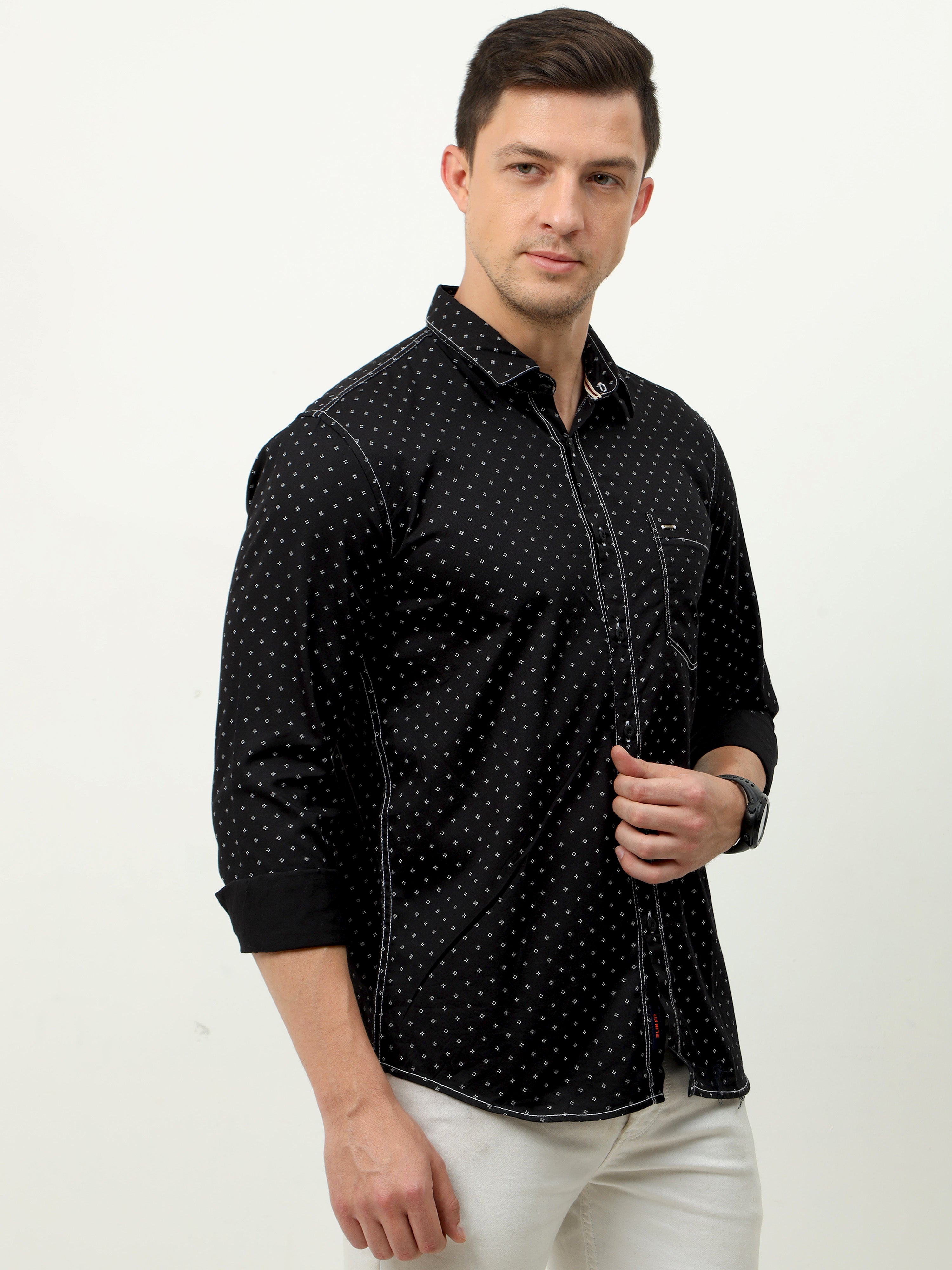 Men Slim Fit Semi Casual Shirt - Black Full Sleeves