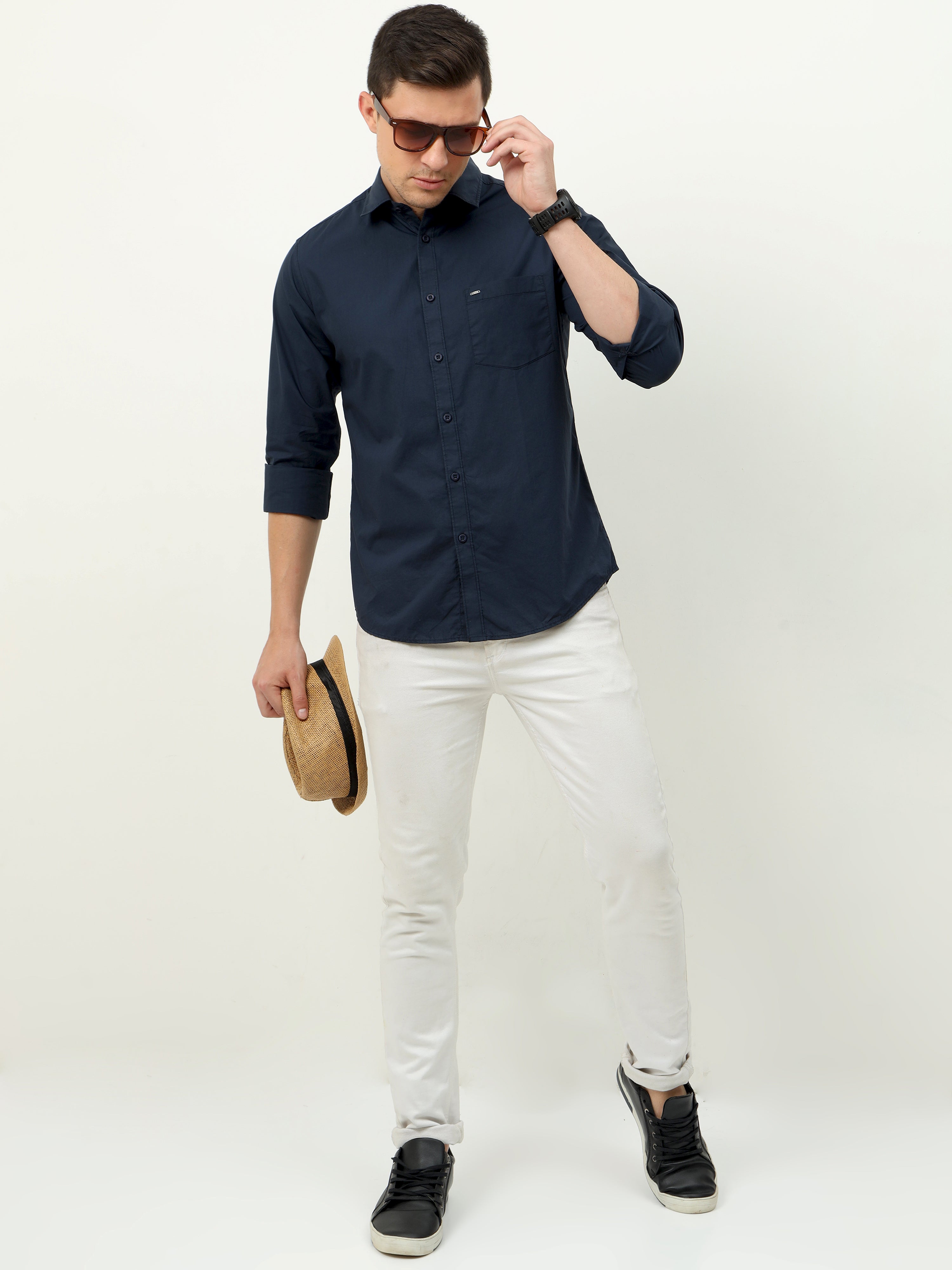 Men Slim Fit Semi Casual  NAVY Full Sleeves Shirt 