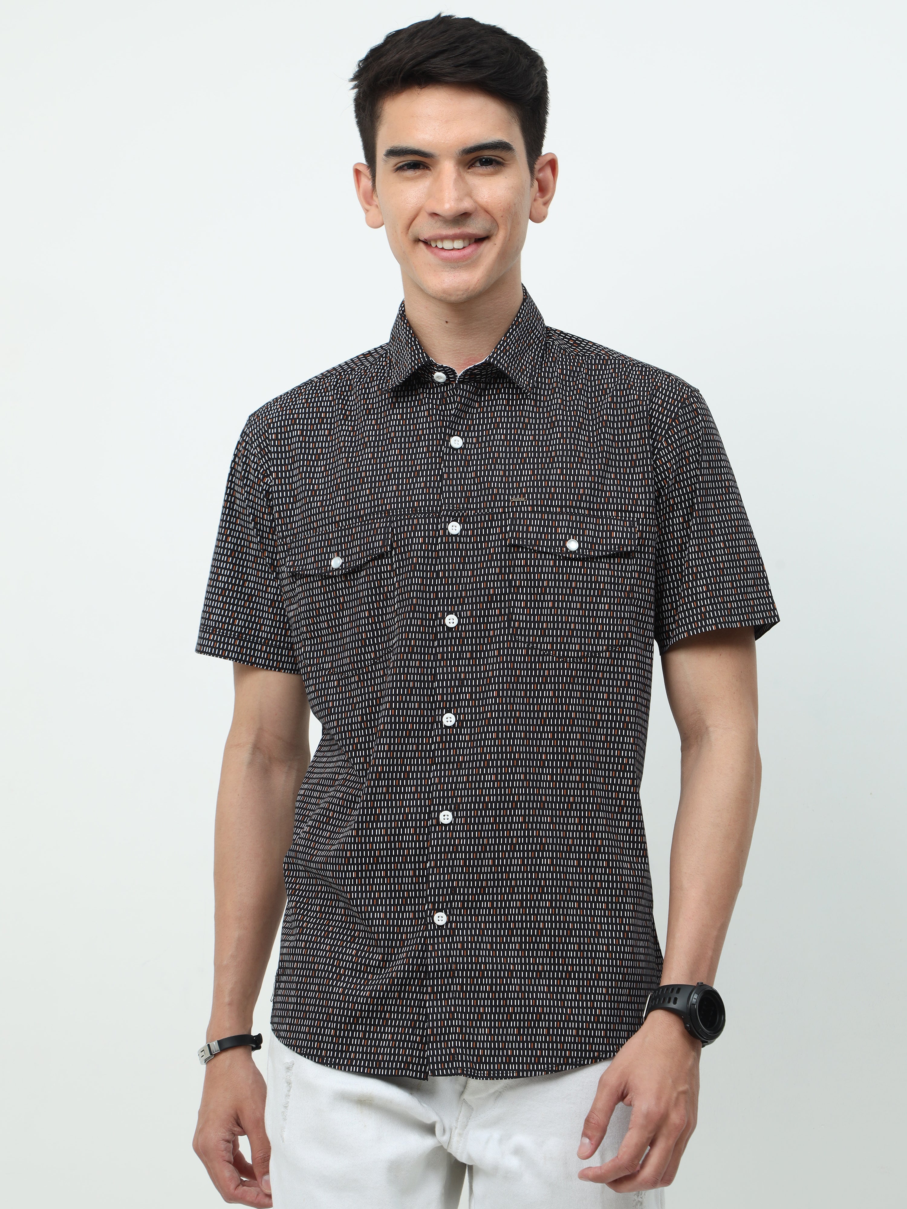 Men Slim Fit Semi Casual Black Half Sleeves Shirt 