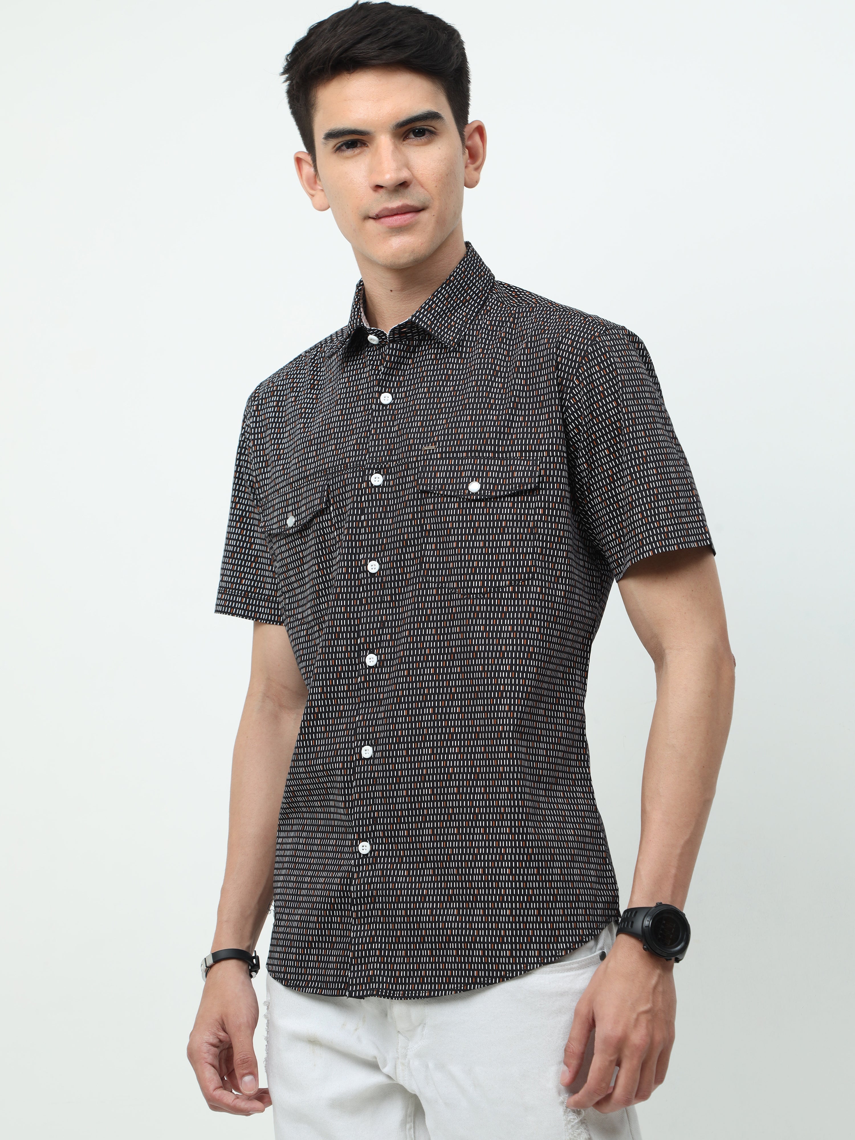 Men Slim Fit Semi Casual Black Half Sleeves Shirt 