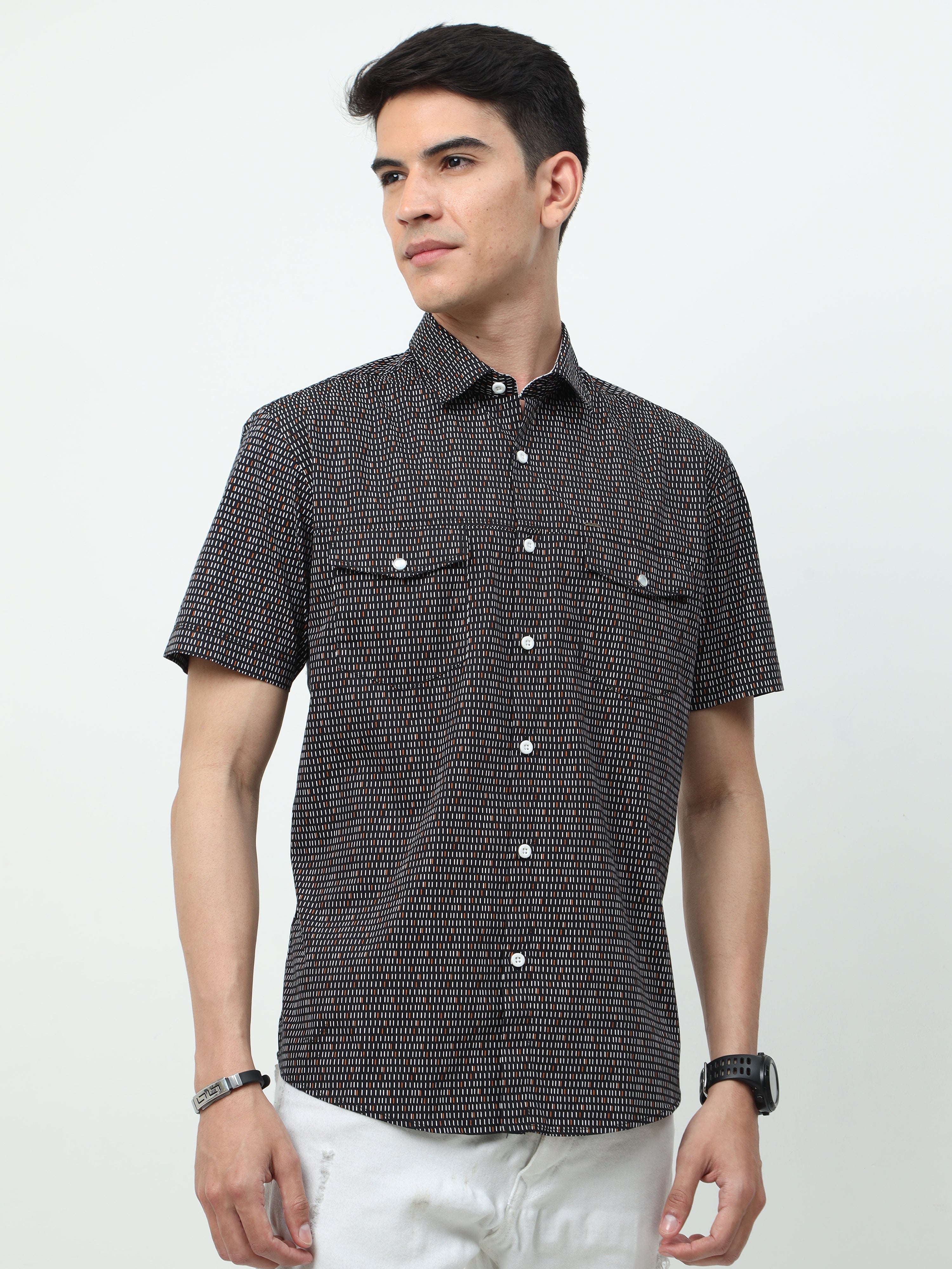 Men Slim Fit Semi Casual Black Half Sleeves Shirt 