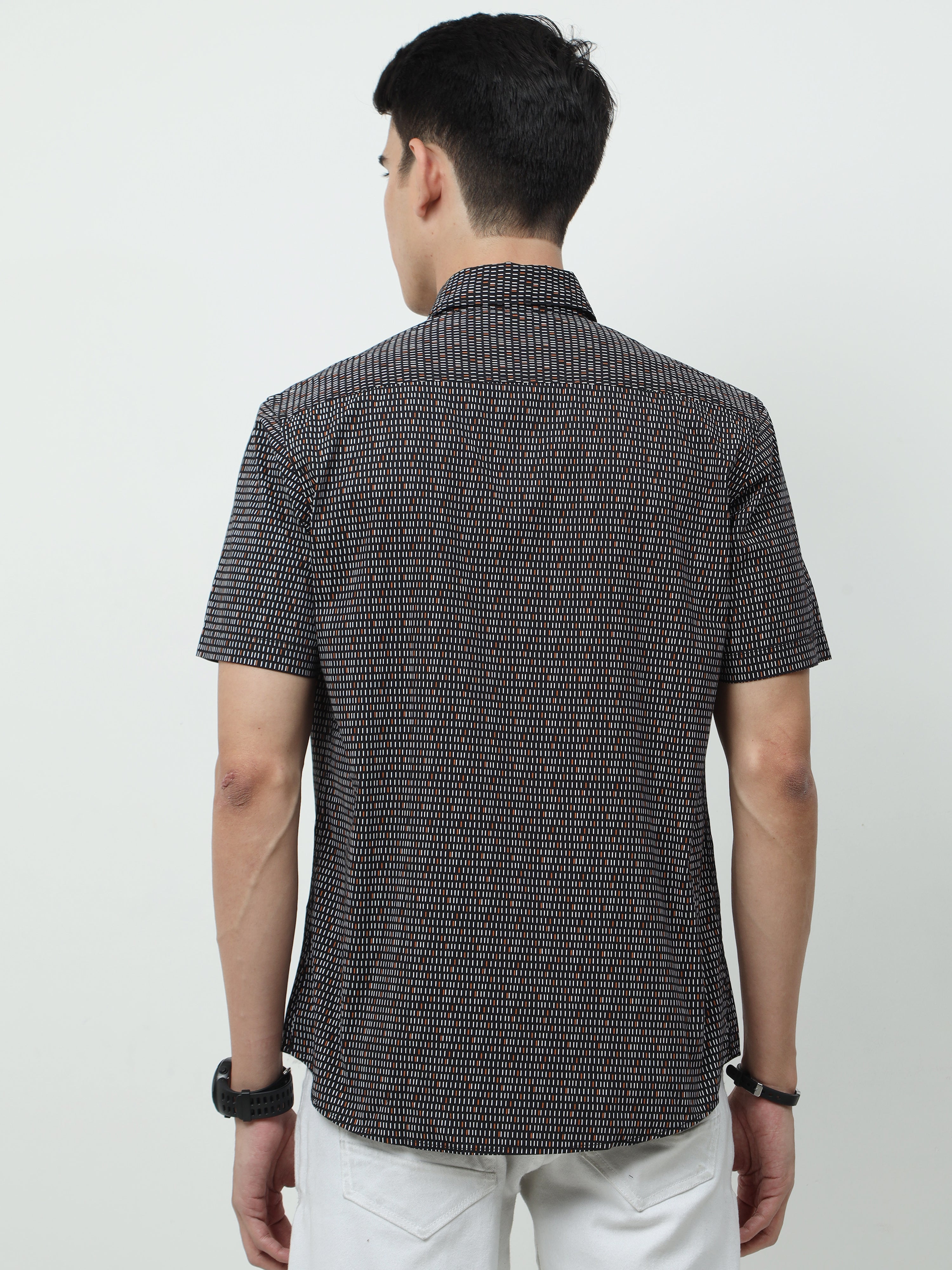 Men Slim Fit Semi Casual Black Half Sleeves Shirt 