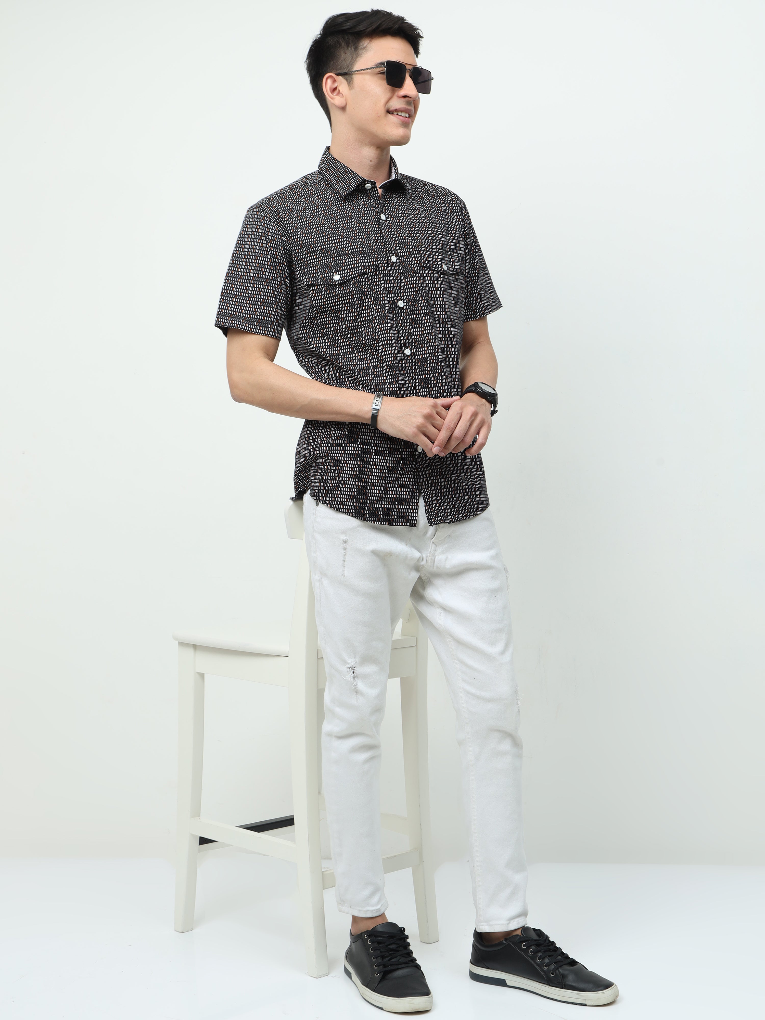 Men Slim Fit Semi Casual Black Half Sleeves Shirt 