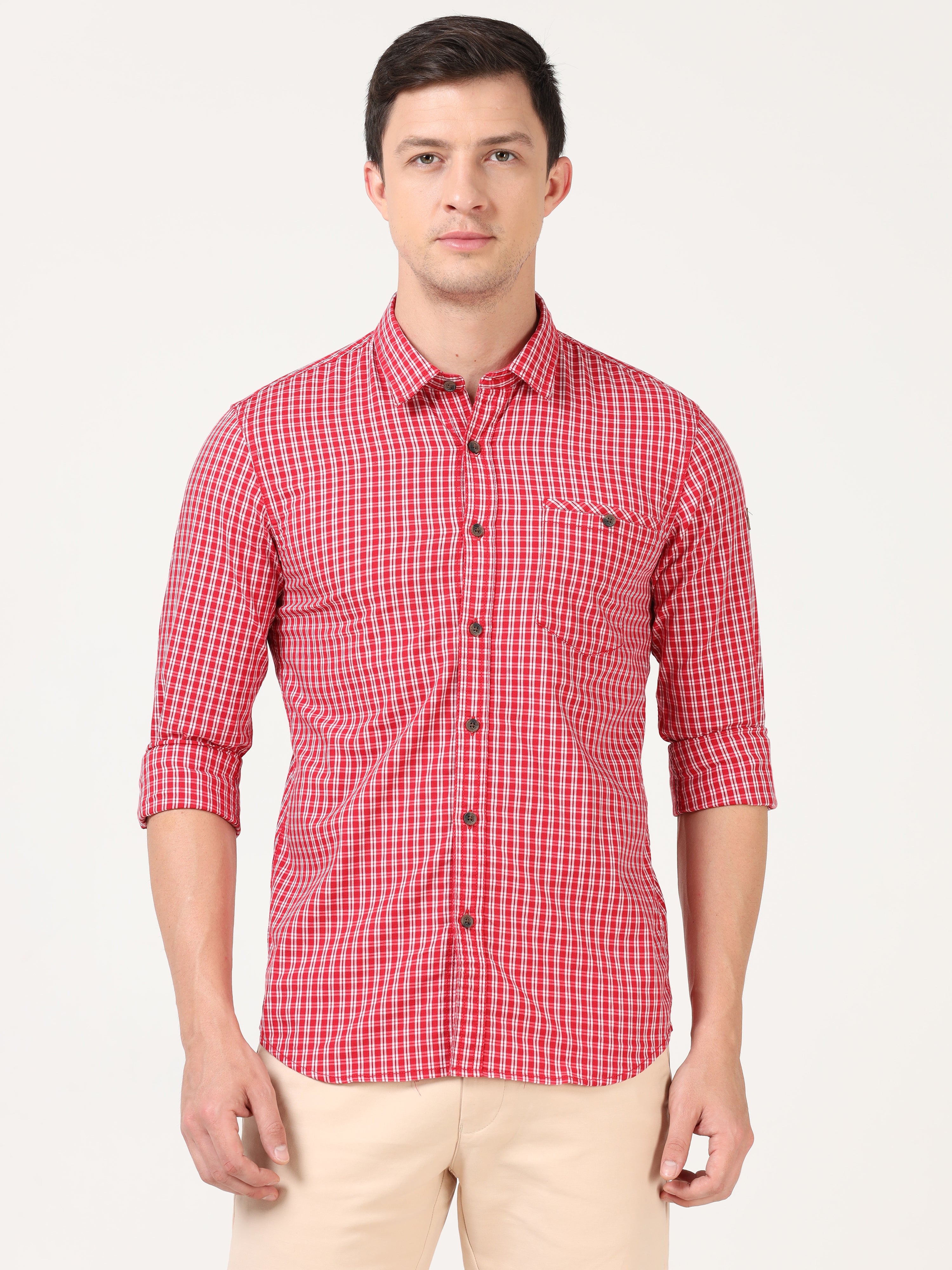 Men Slim Fit Casual Checks Red Full Sleeves Shirt 