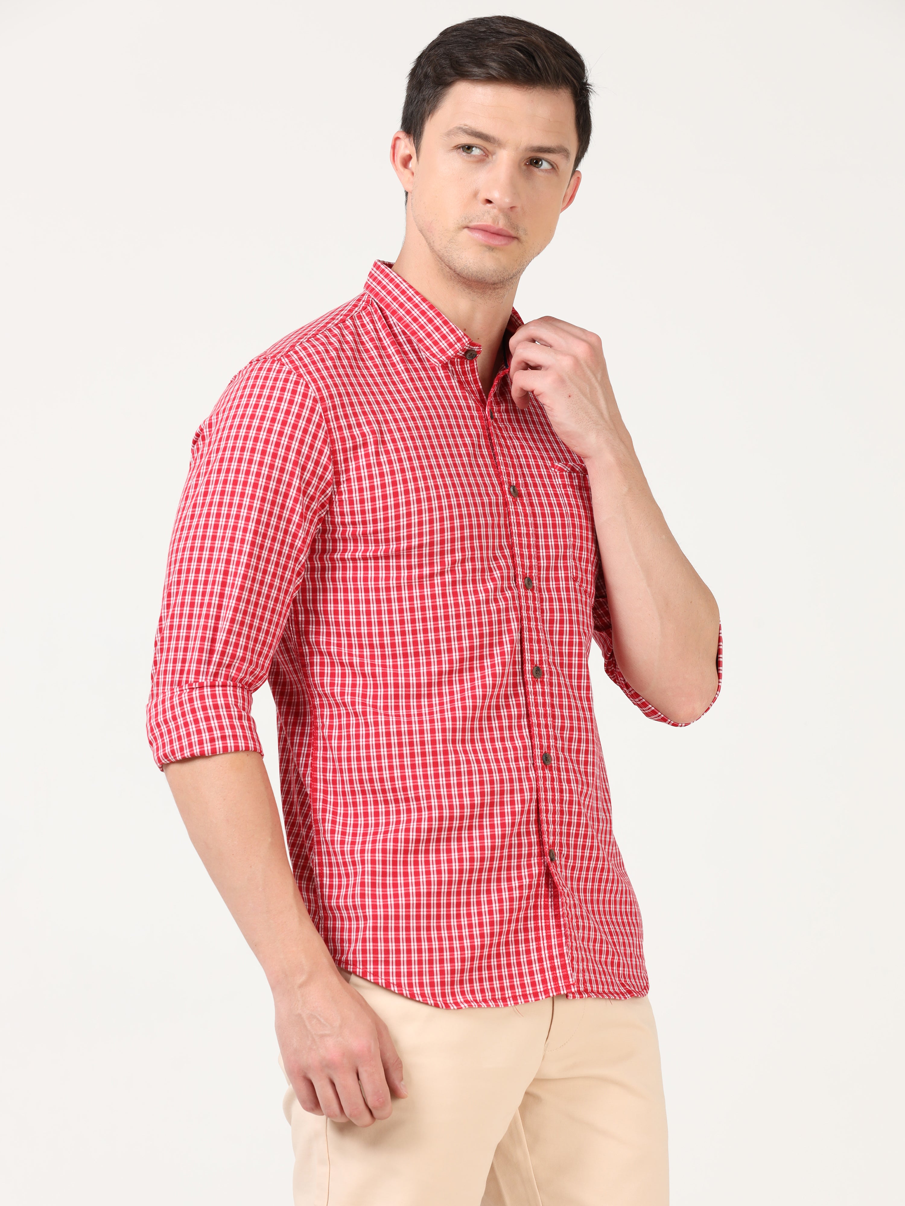 Men Slim Fit Casual Checks Red Full Sleeves Shirt