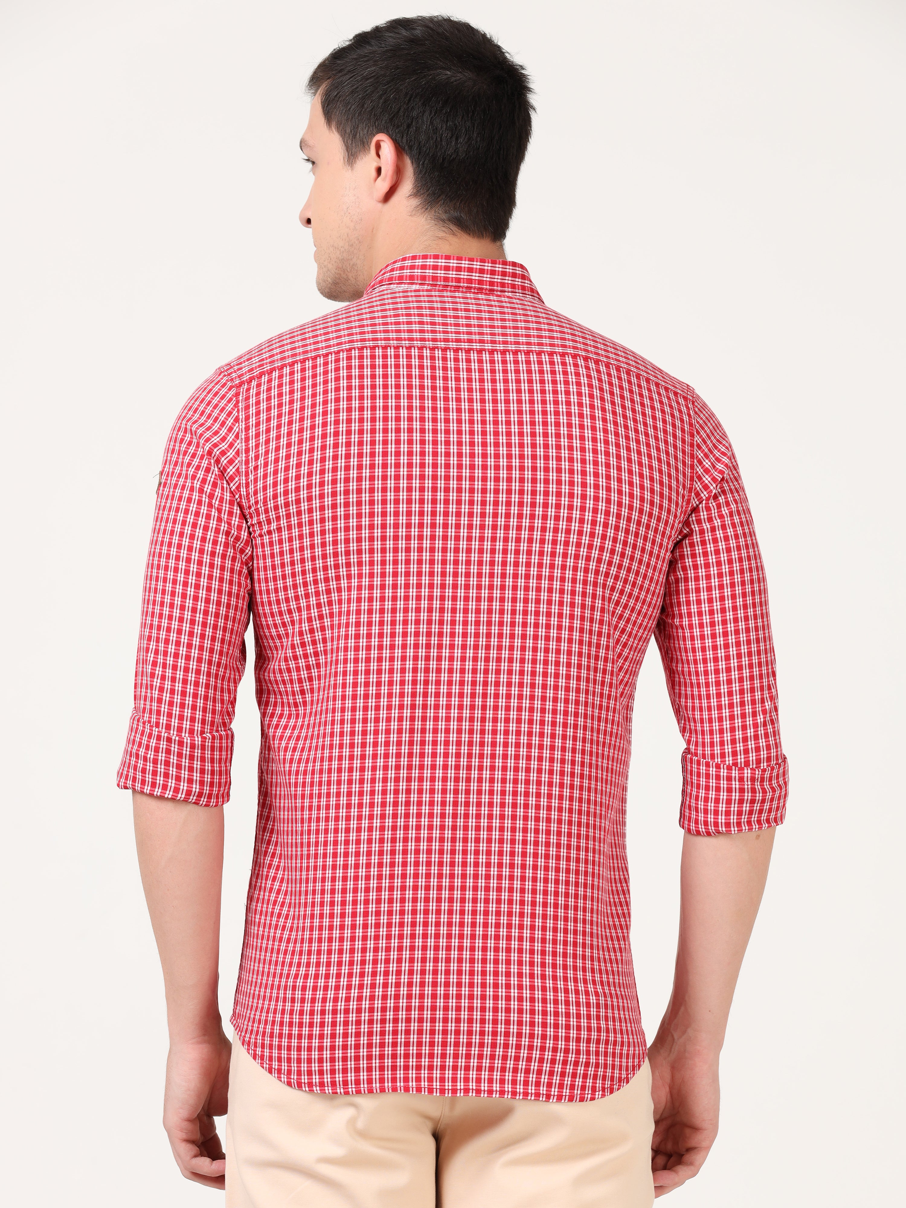 Men Slim Fit Casual Checks Red Full Sleeves Shirt