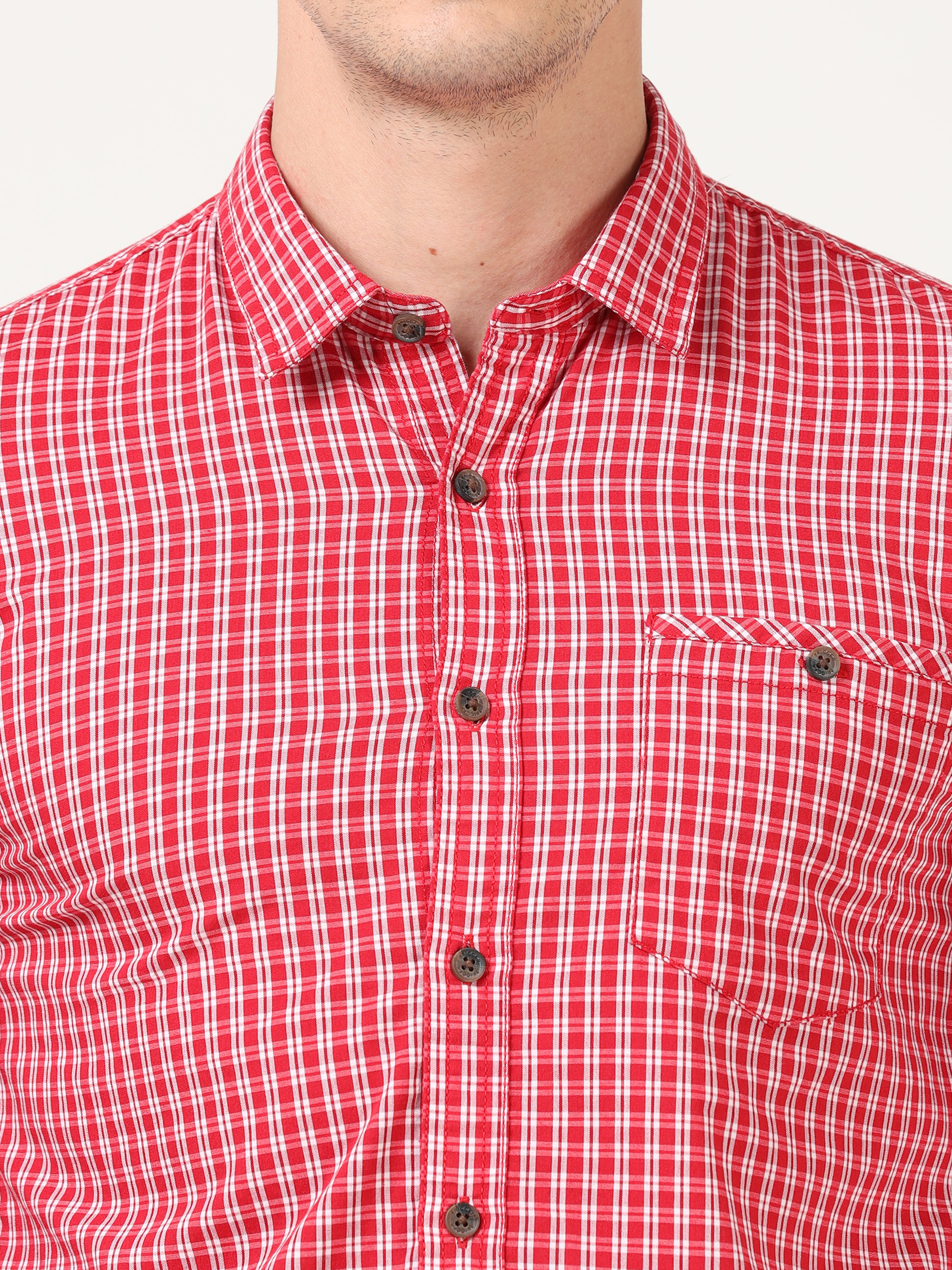 Men Slim Fit Casual Checks Red Full Sleeves Shirt