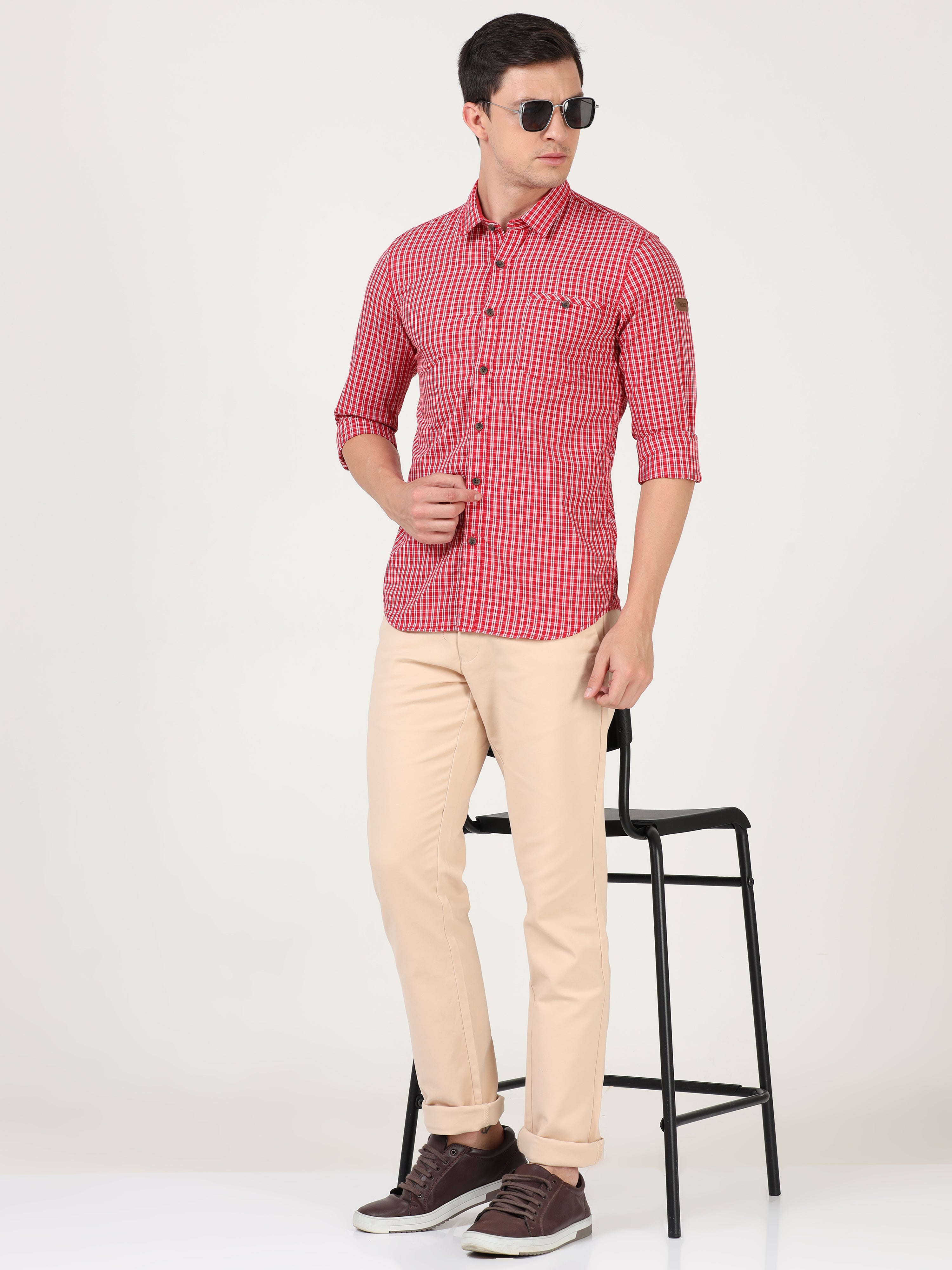 Men Slim Fit Casual Checks Red Full Sleeves Shirt