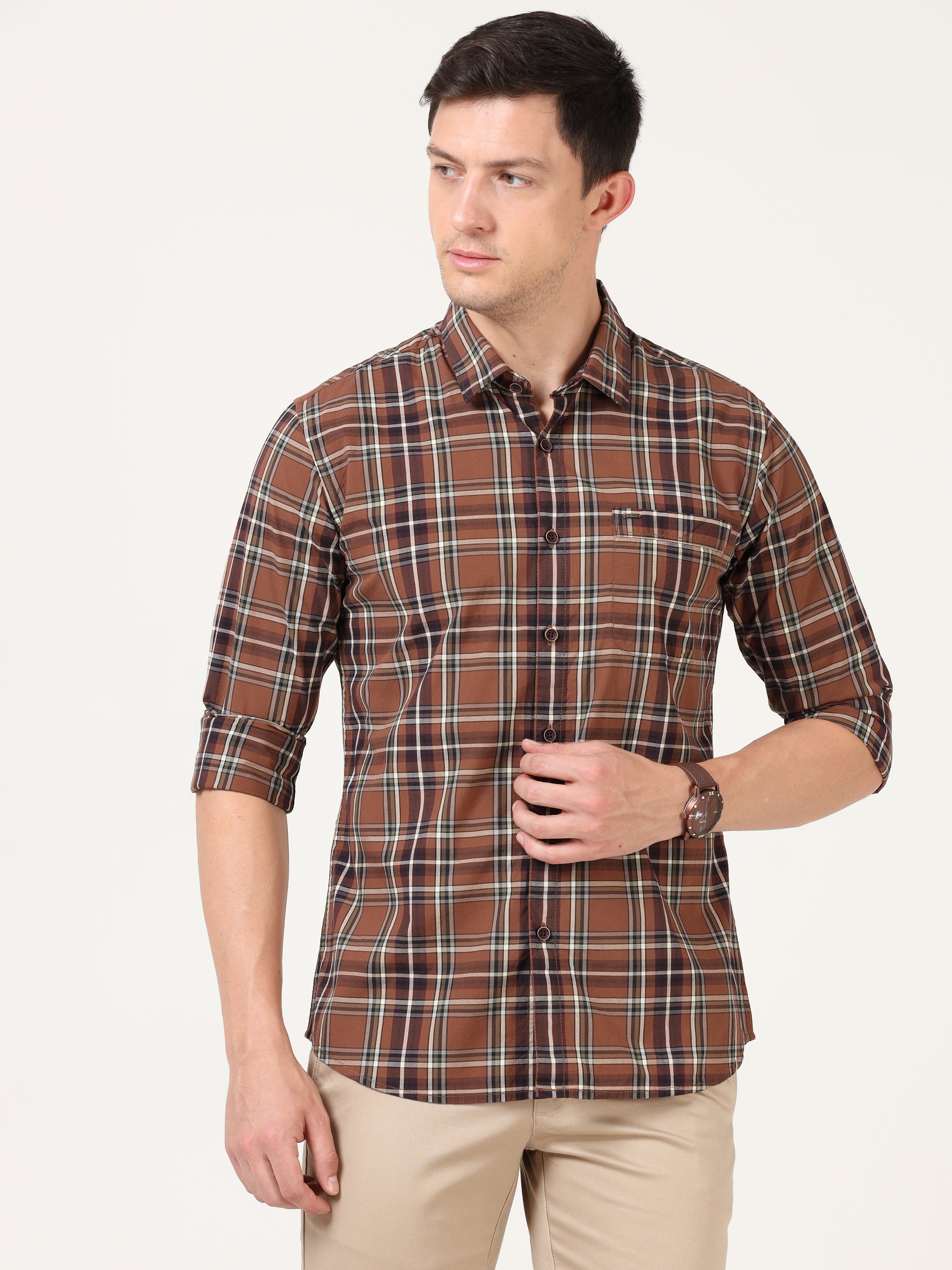 Men Slim Fit Casual Brown Full Sleeves Shirt