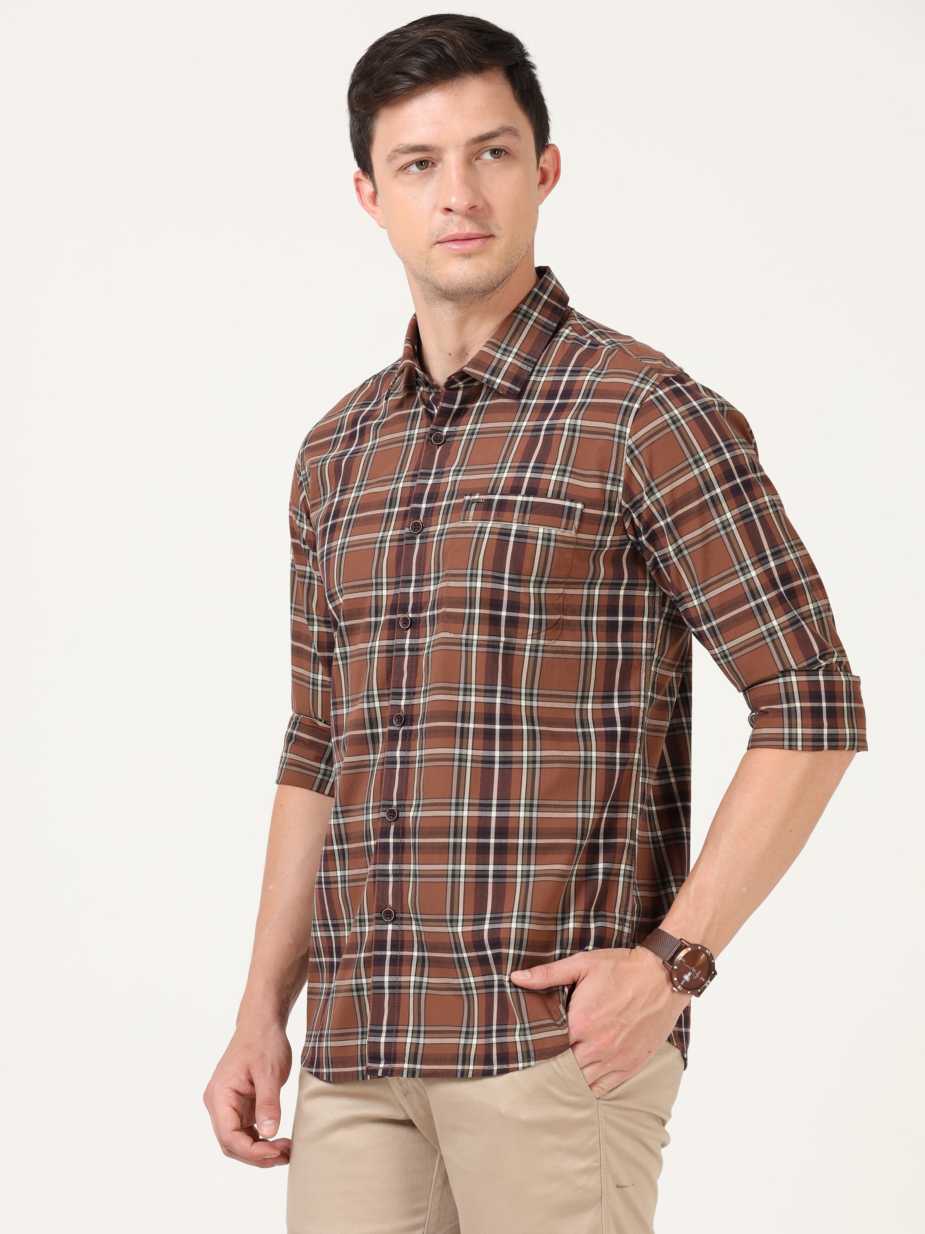 Men Slim Fit Casual Brown Full Sleeves Shirt