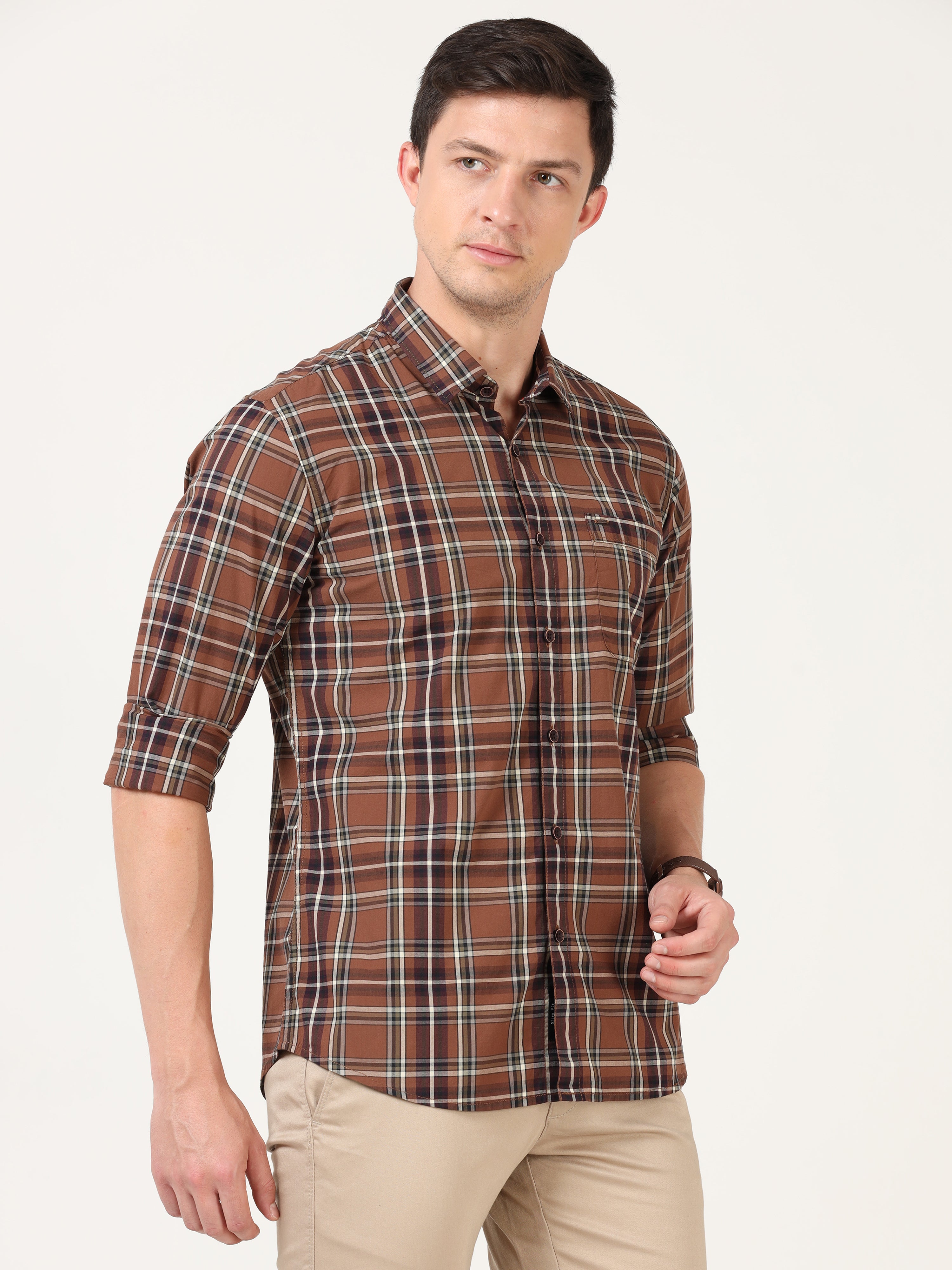 Men Slim Fit Casual Brown Full Sleeves Shirt