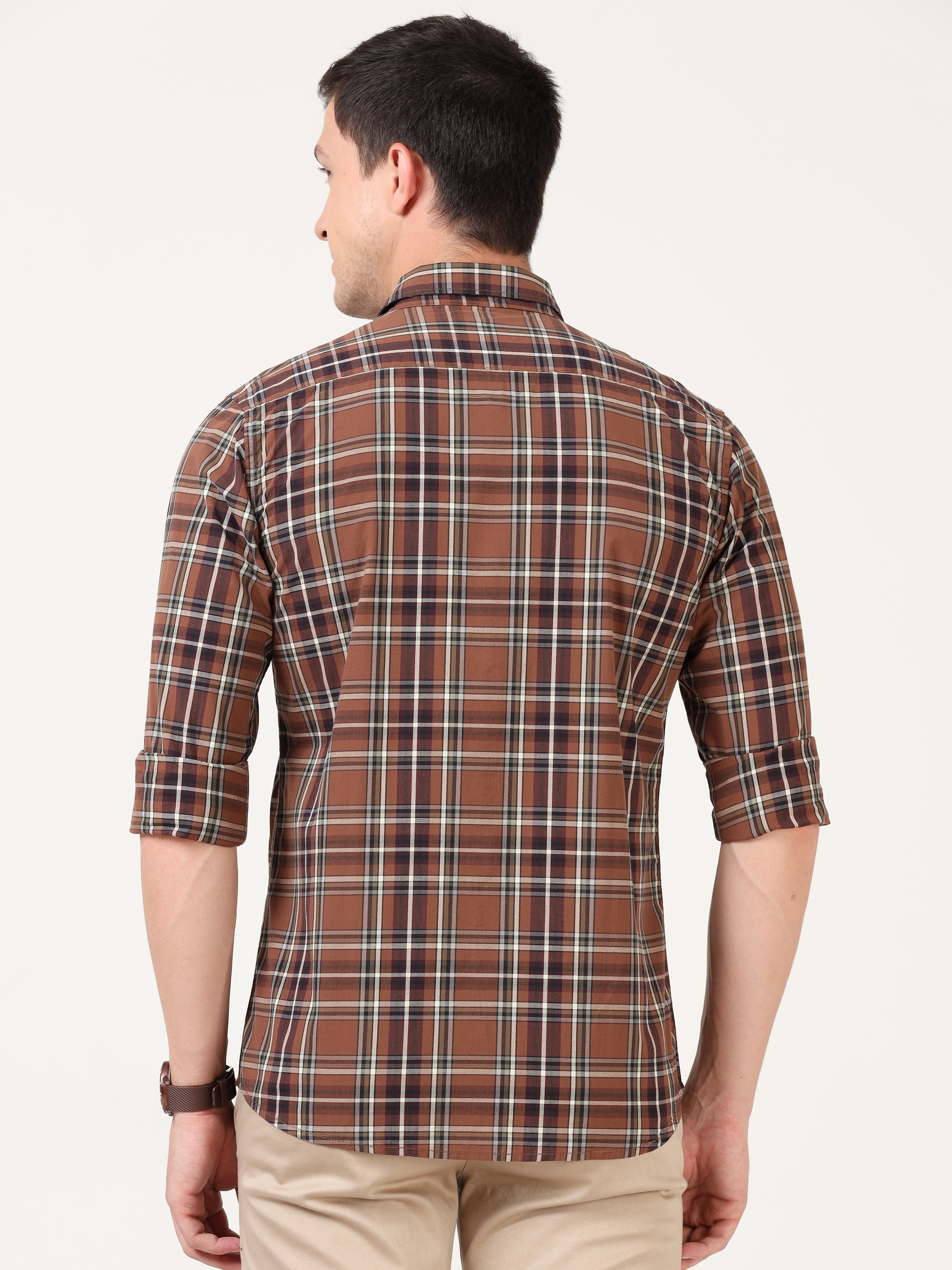 Men Slim Fit Casual Brown Full Sleeves Shirt