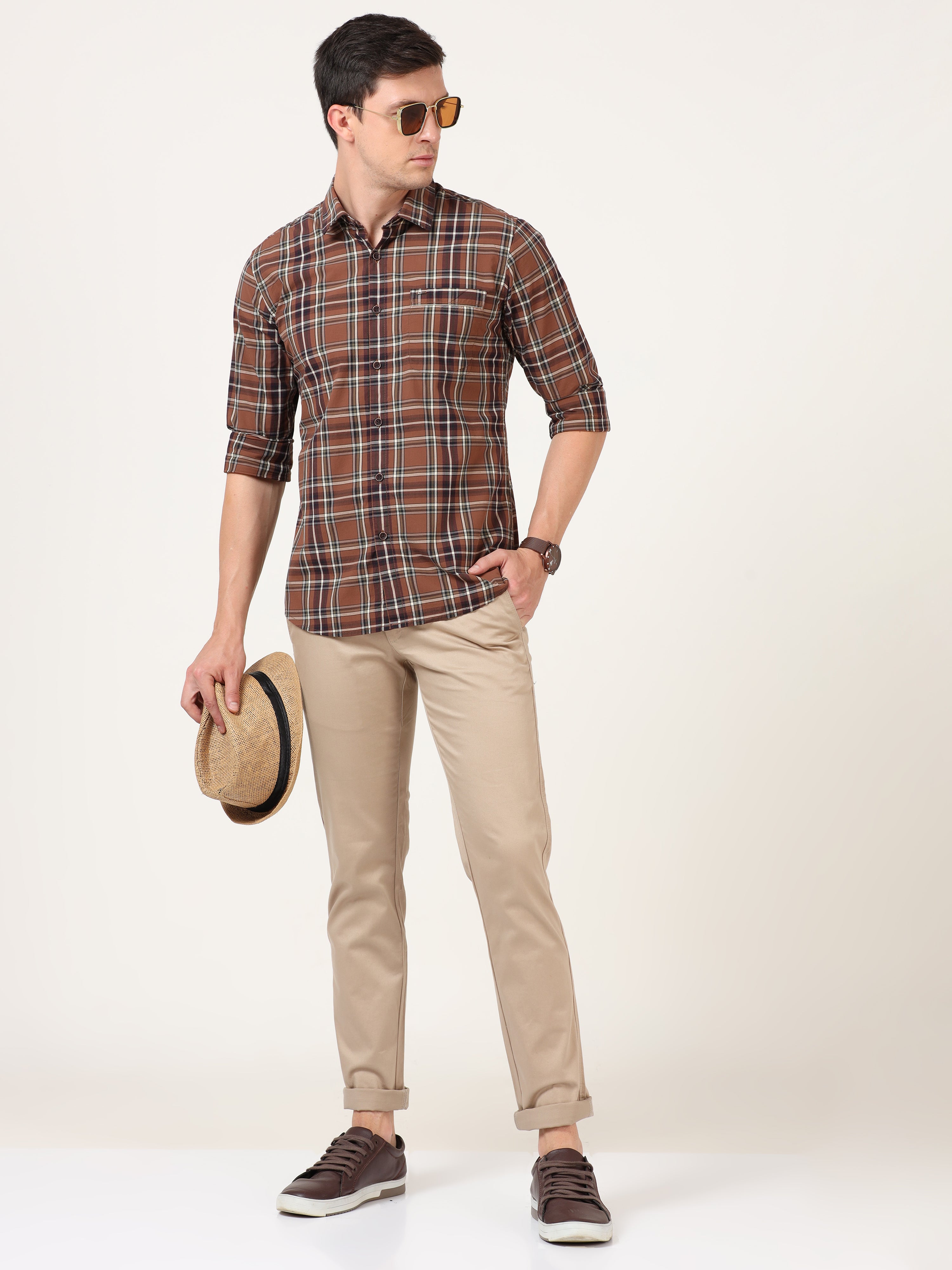 Men Slim Fit Casual Brown Full Sleeves Shirt