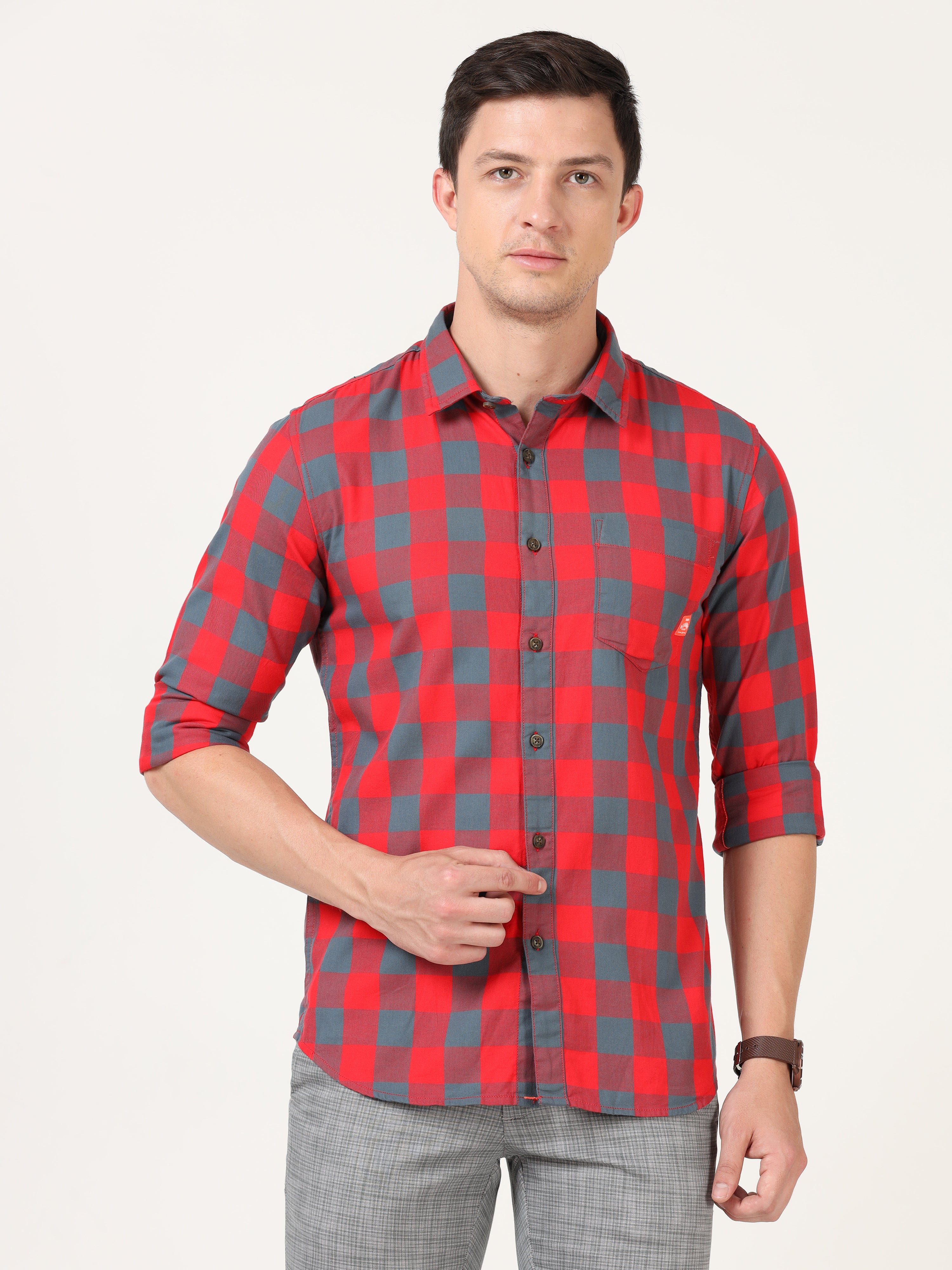 Men Slim Fit Casual Red Shirt