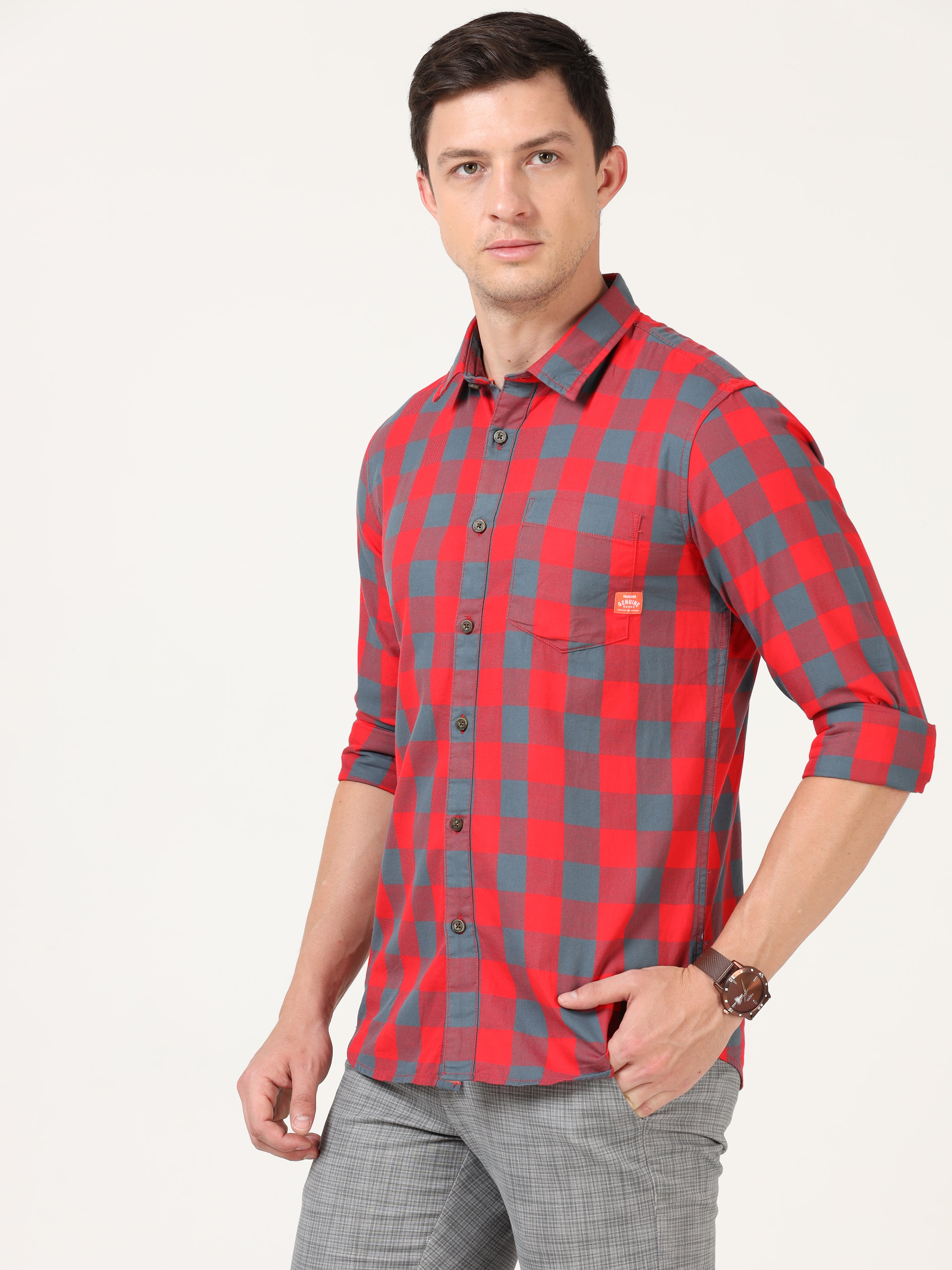 Men Slim Fit Casual Red Shirt
