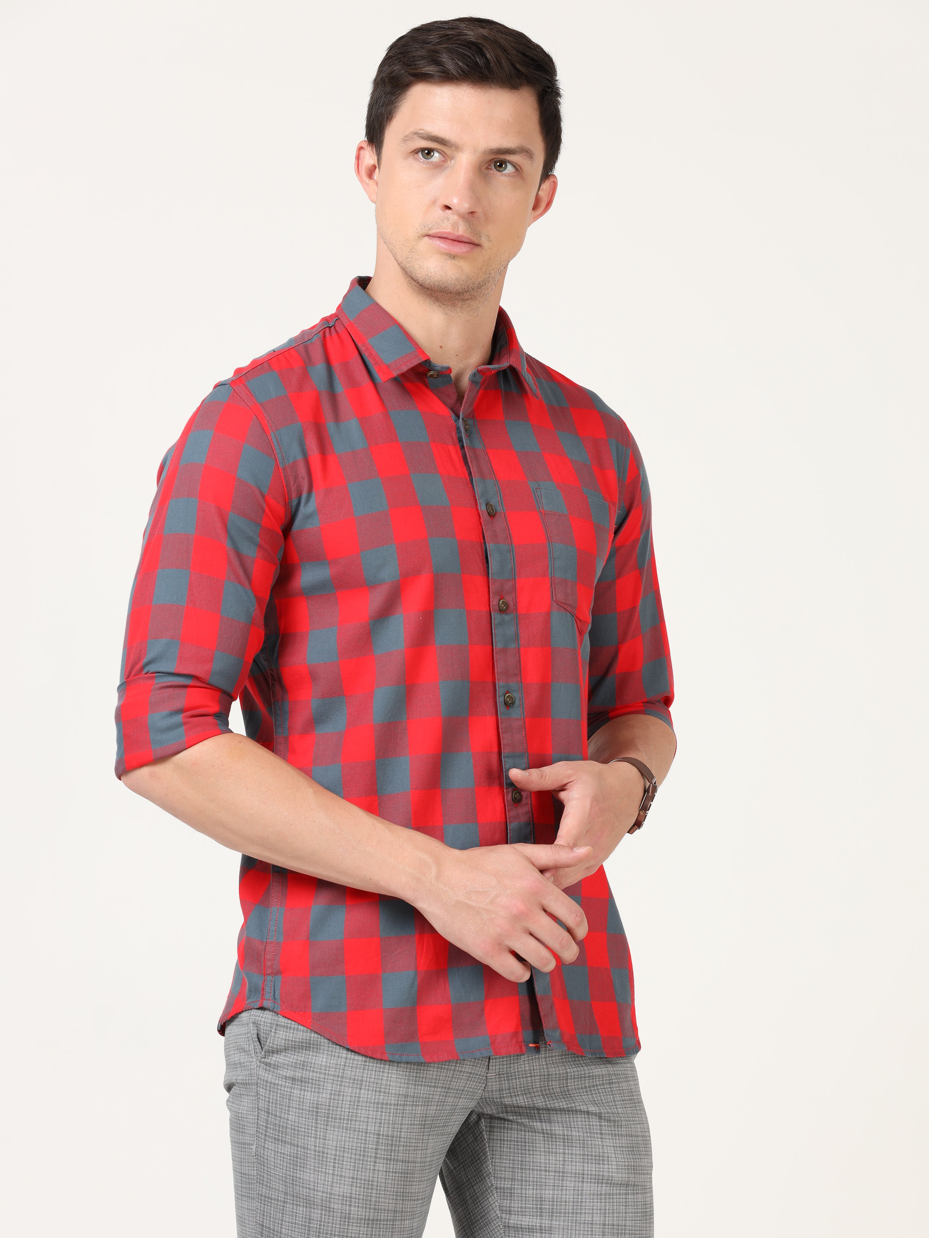Men Slim Fit Casual Red Shirt