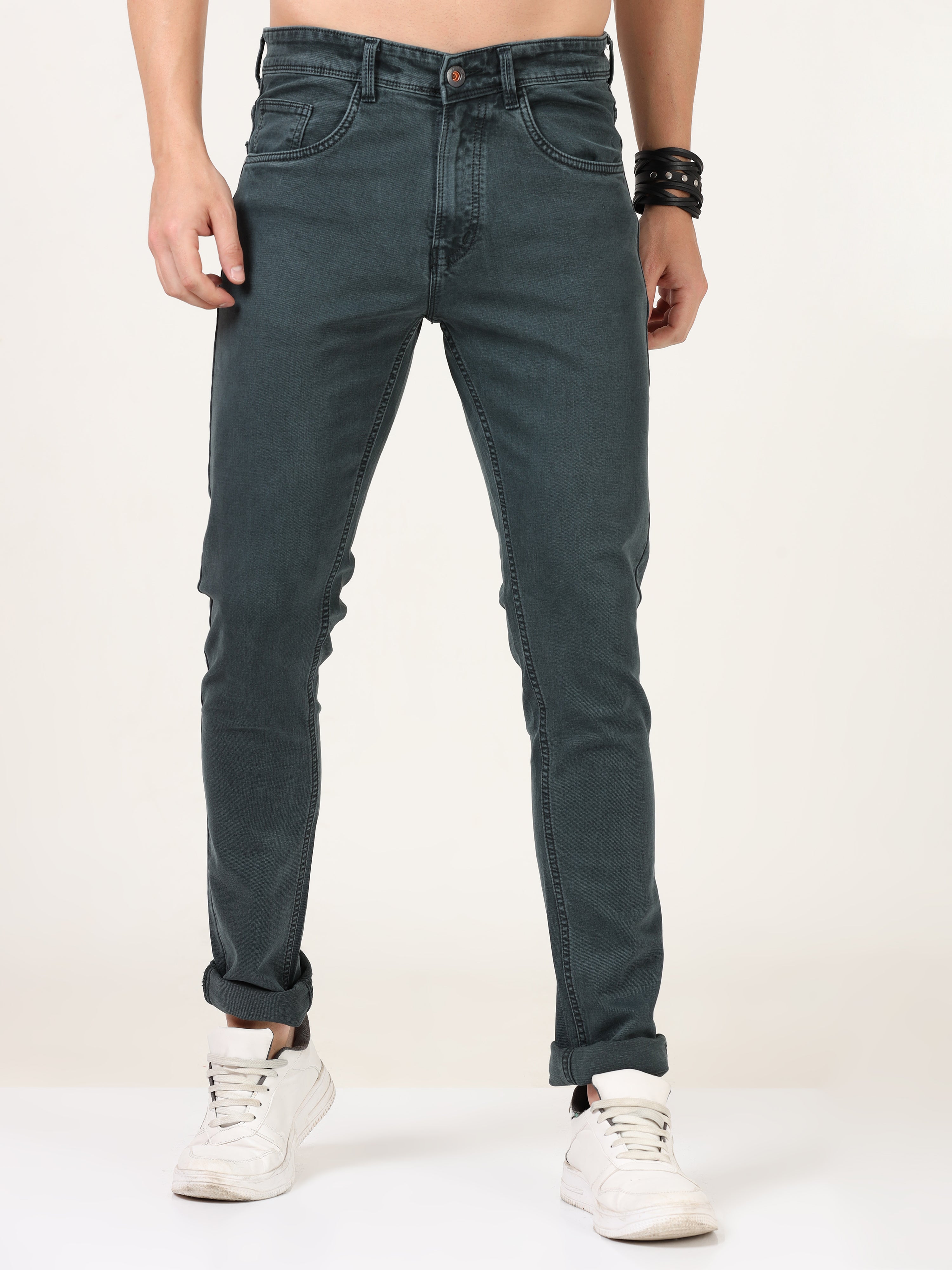 Men Slim Fit Olive Jean