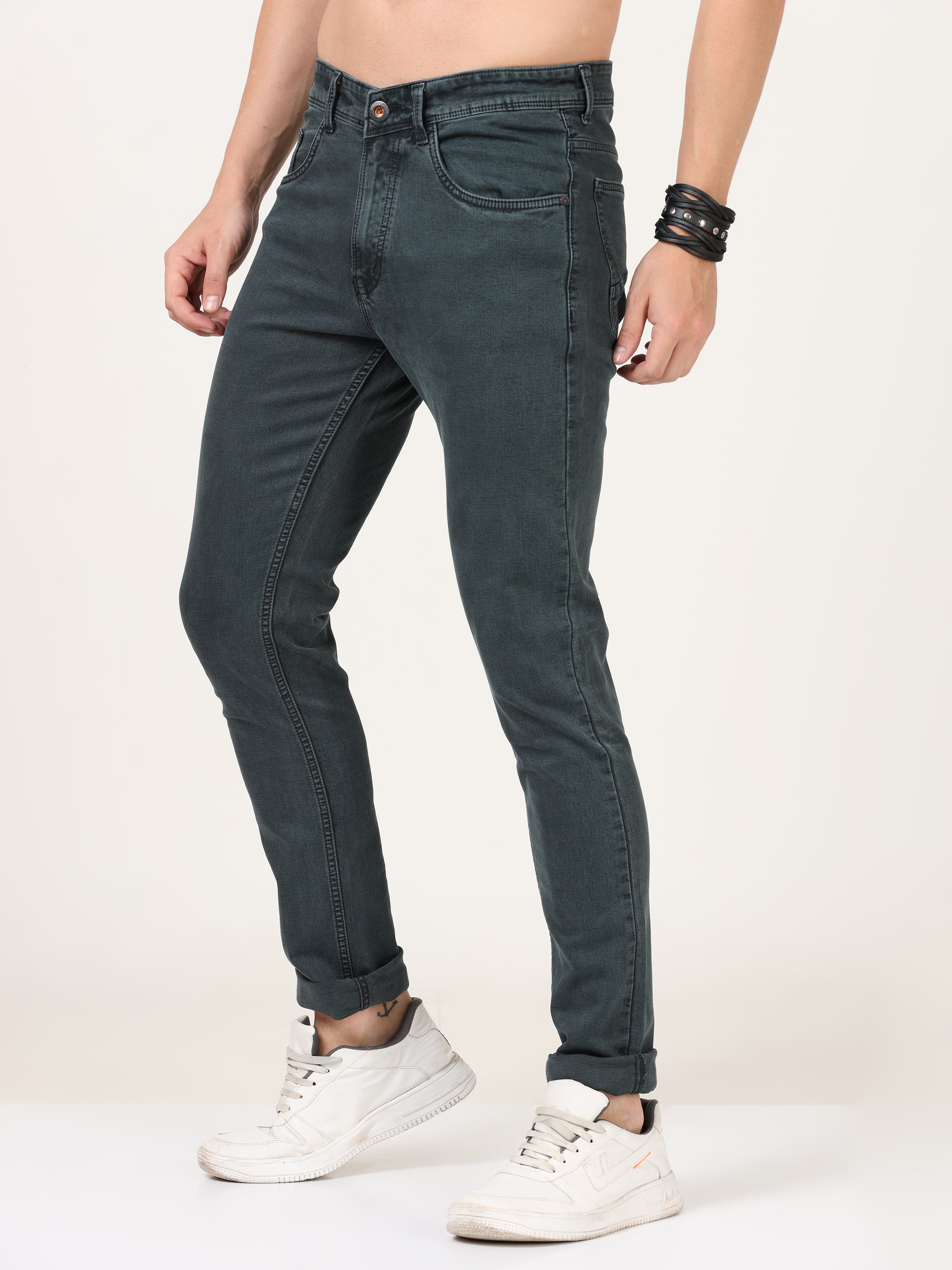 Men Slim Fit Olive Jean