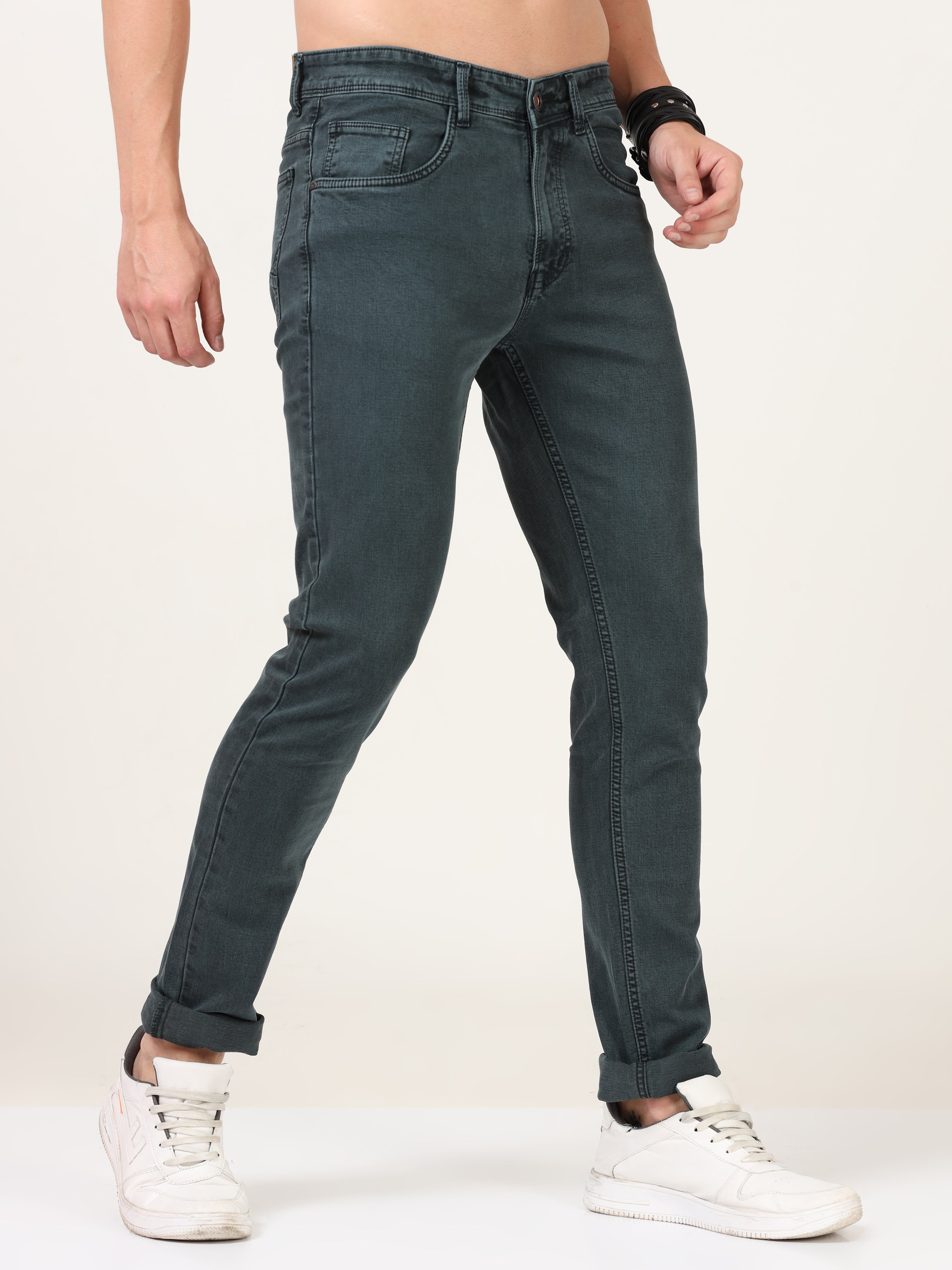 Men Slim Fit Olive Jean
