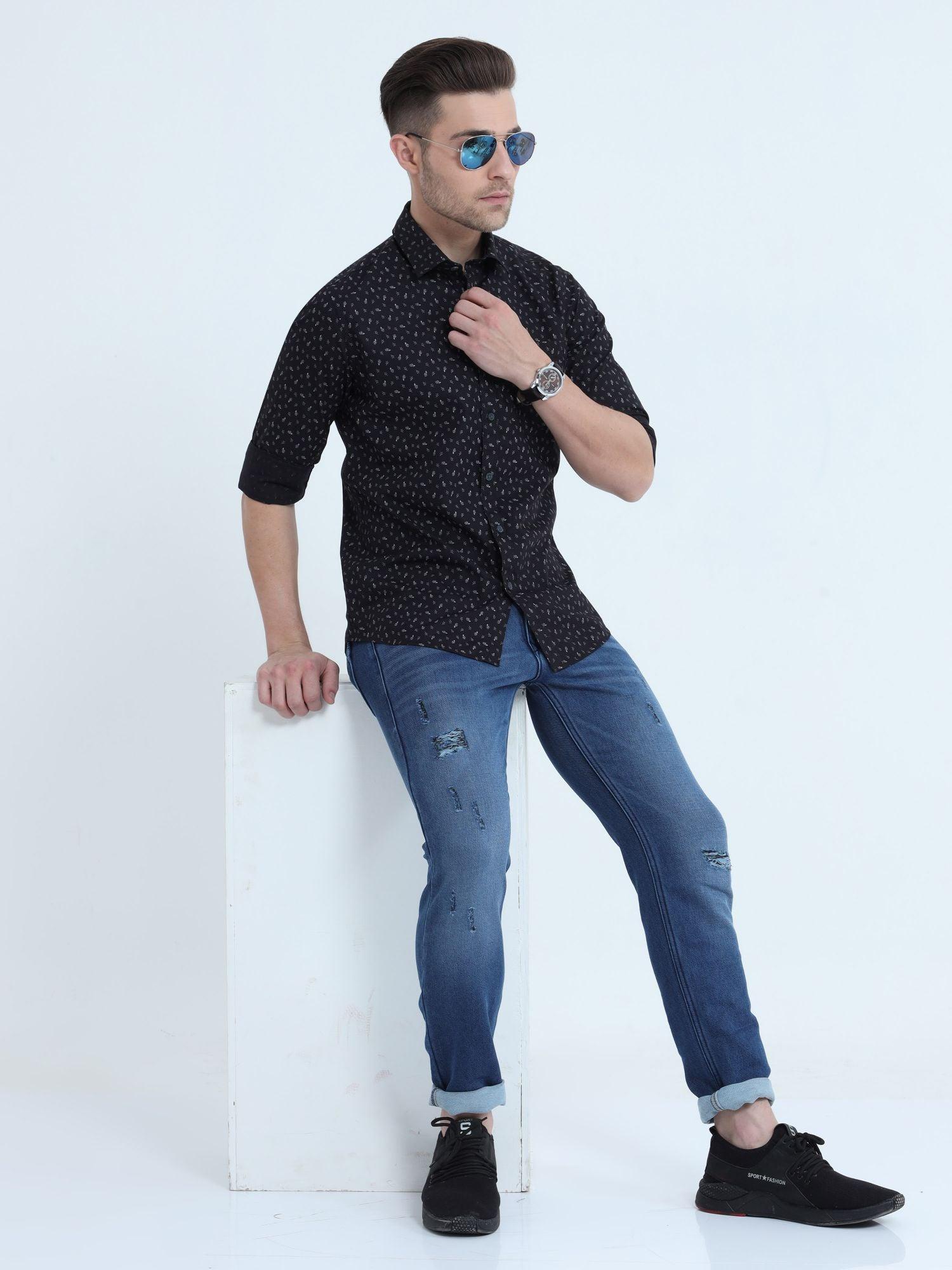 Medrid Men's Slim Fit Casual Shirt - Floral Black Full Sleeves - Triggerjeans